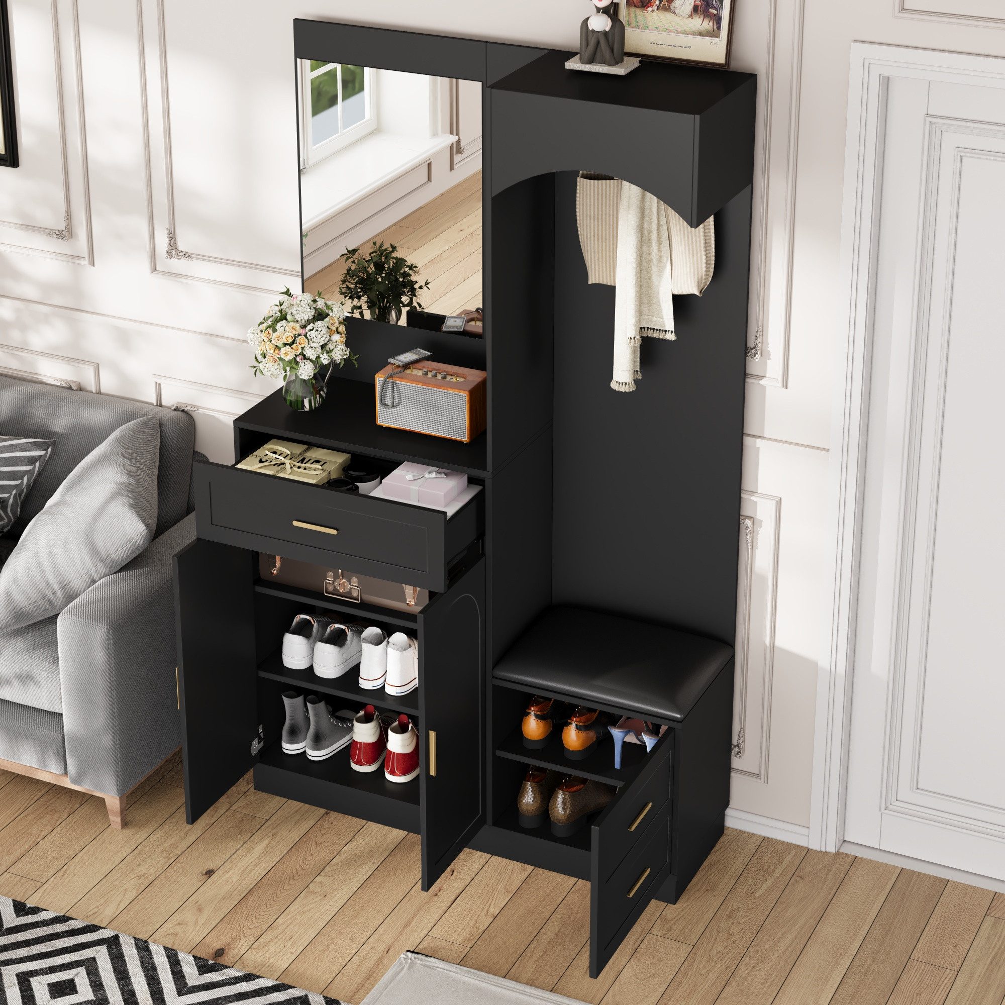 HAUSS SPOLE Kinderbett mit Spiegel,Garderobenschrank Kompaktgarderoben mit Sitzbank&Schublade (mit Treppen und Handläufen, Schreibtisch und Aufbewahrungsregal, Stabile Lattenroste, 120x200 cm), ohne Matratze