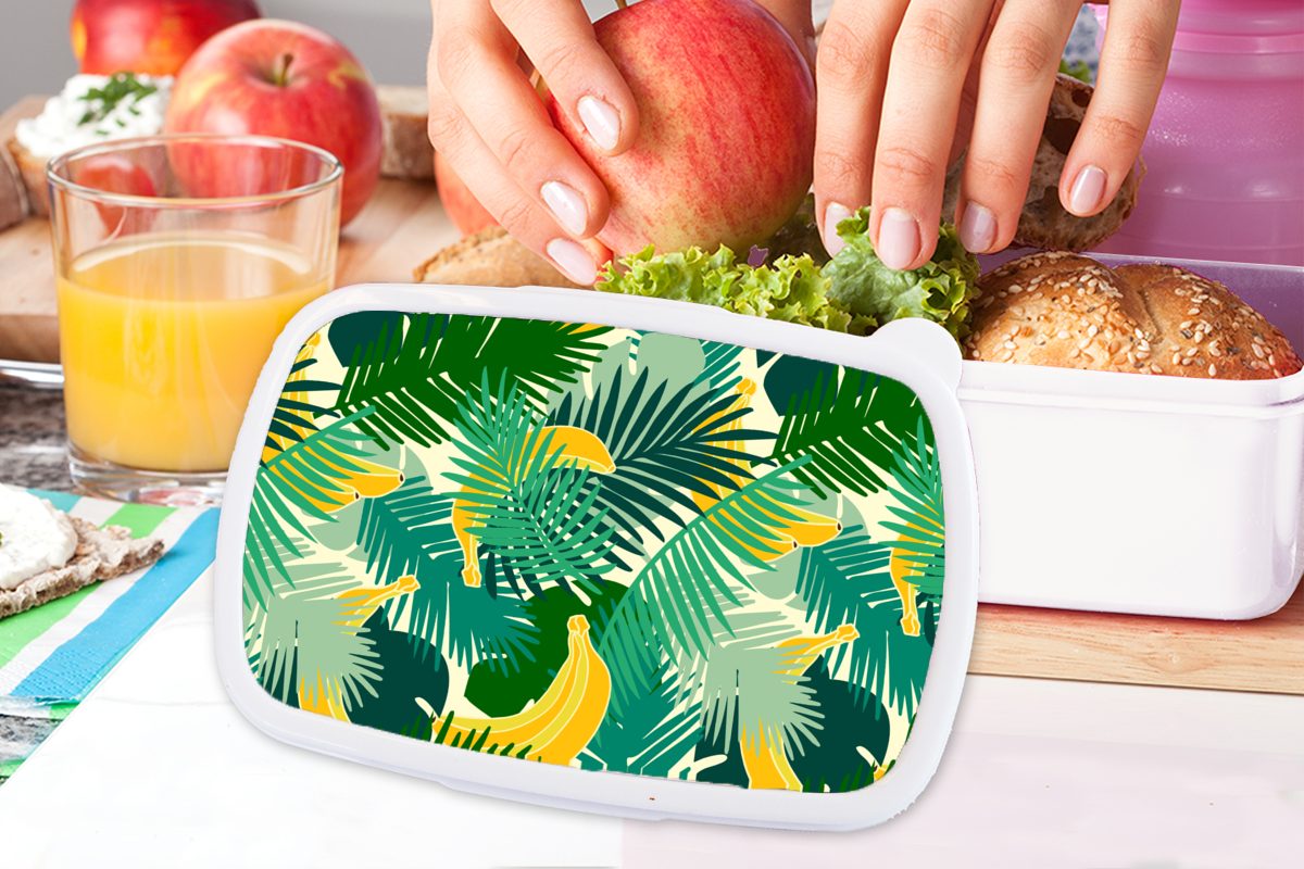 MuchoWow Lunchbox Tropisch - für Kunststoff, Erwachsene, Kinder Brotdose, für Mädchen Jungs und - weiß Blätter und Brotbox Muster, - Dschungel (2-tlg)
