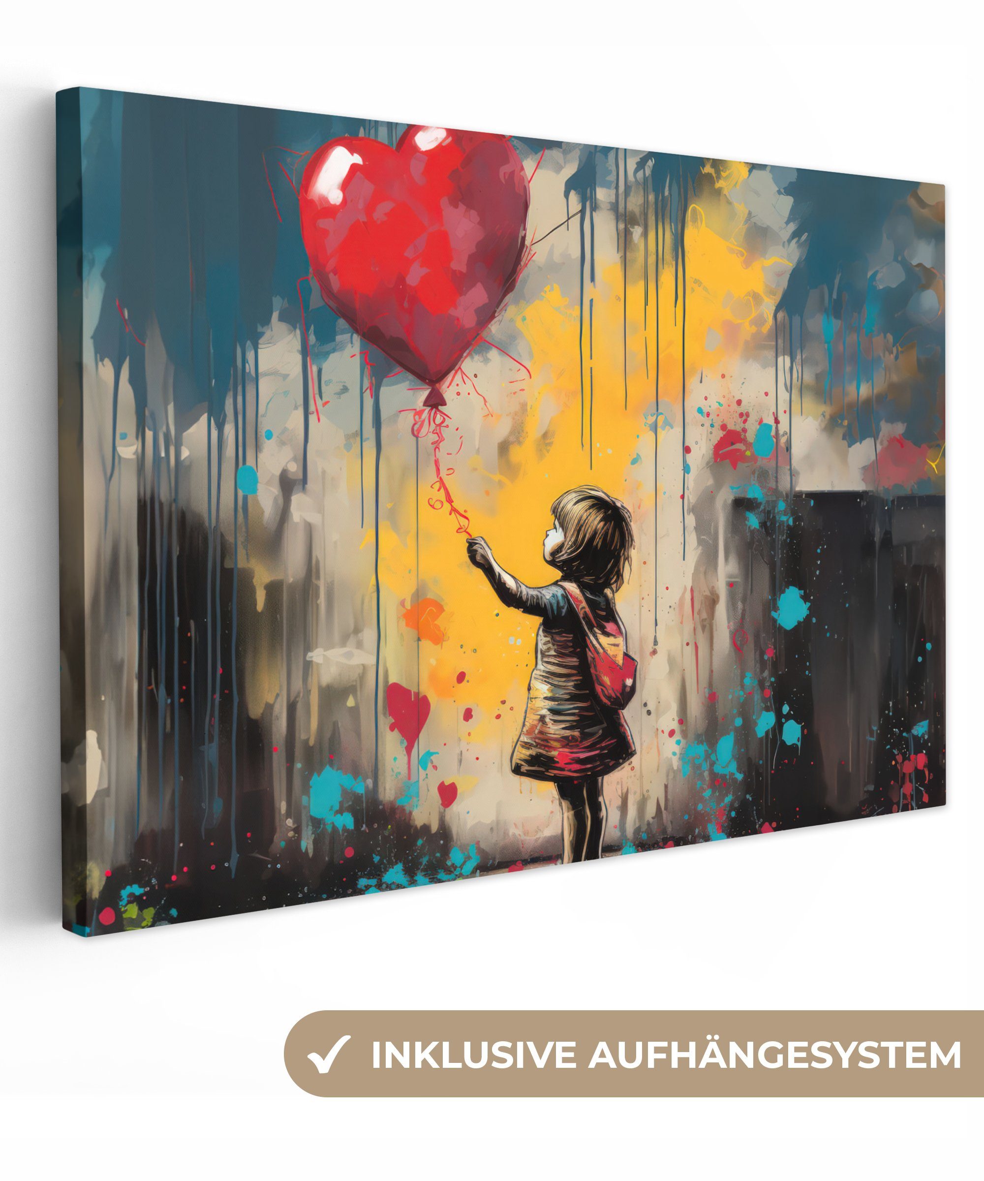 OneMillionCanvasses® Leinwandbild Mädchen - - (1 Leinwandbilder, Luftballon Wandbild St), Graffiti, cm Herz Aufhängefertig, - Wanddeko, 30x20