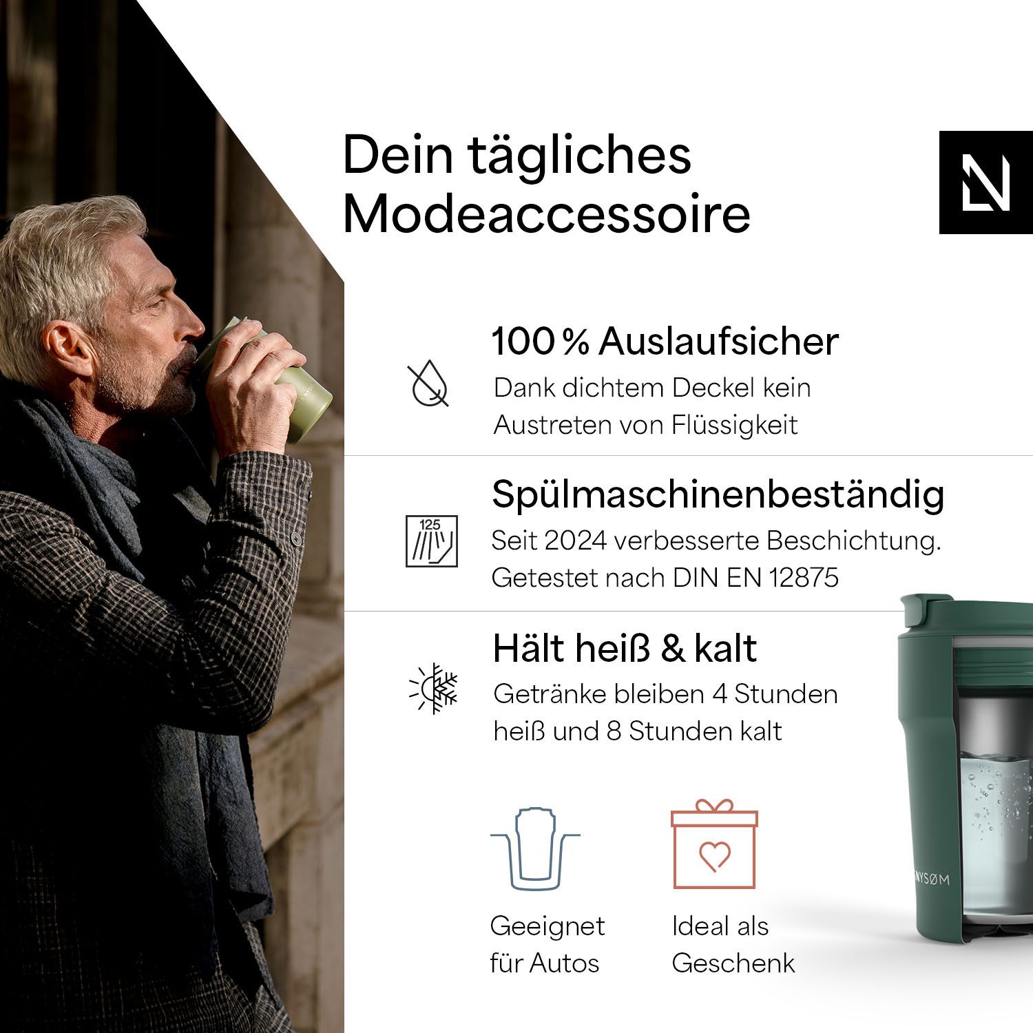 LARS NYSØM Thermobecher Bevægelse, 1-tlg., Thermobecher mit Vakuum Isolierung: 4h heiß / 8h kühl
