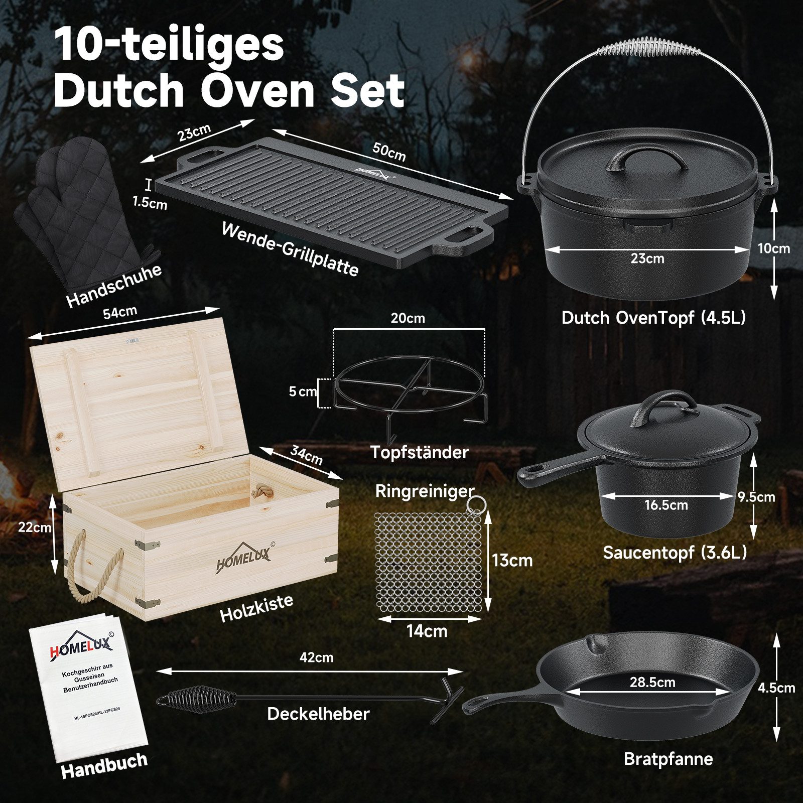 HOMELUX Topf-Set 10/12-tlg. Dutch Oven Set in Holzkiste Kochtopf Grillplatte Stieltopf, Gusseisen (Set, 10-tlg., Handschuhe, Stapelrost, Ringreiniger, Deckelheber), Gusseisen, vorgebacken, Hitzebeständig bis 280 °C