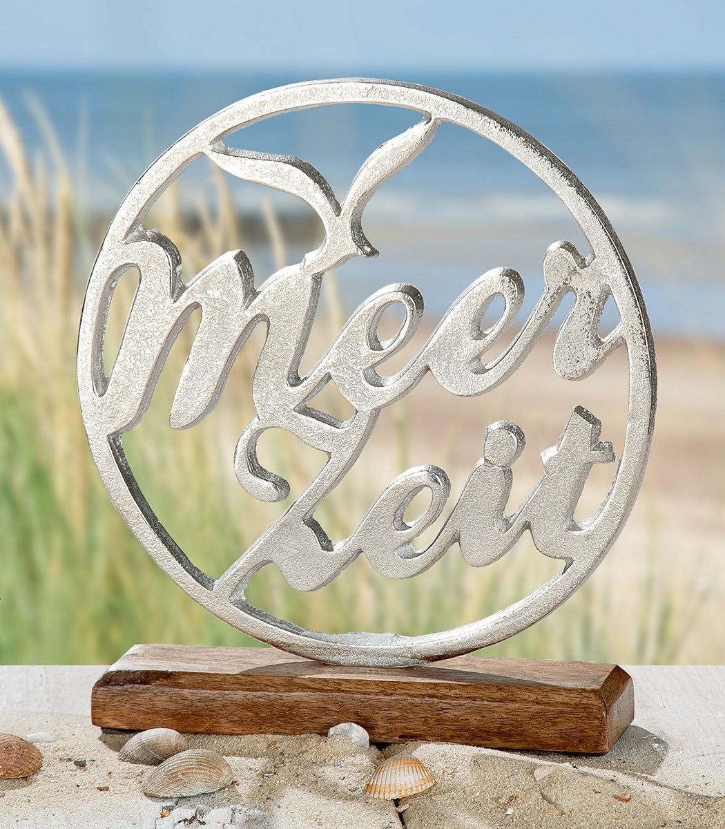 Dekoobjekt Standrelief Meerzeit aus Alu und Mangoholz – Maritime Deko für Zuhause