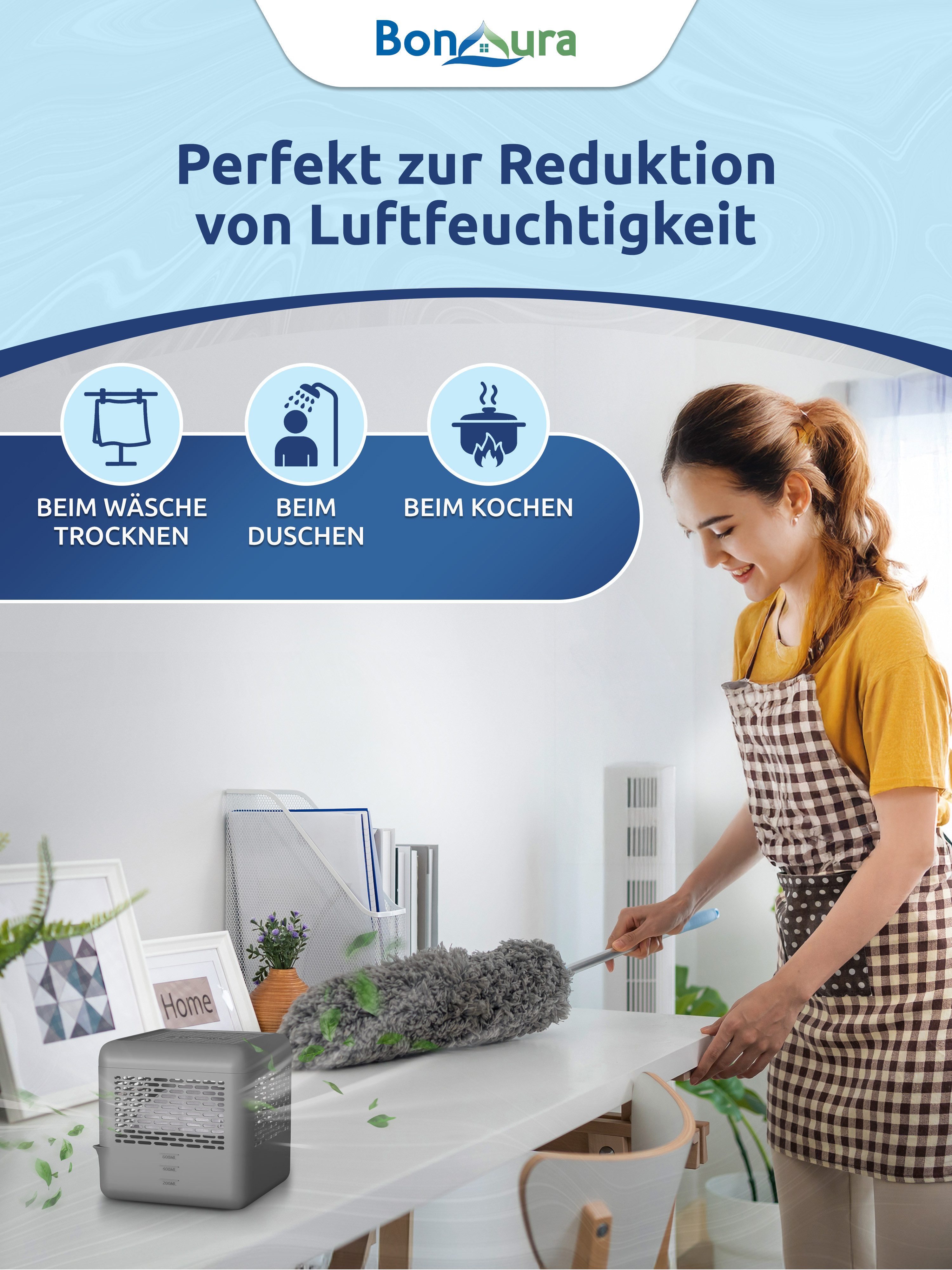 BonAura Luftentfeuchter ohne Strom, für 88 m³ Räume, Tank 0,6 l, 4x Entfeuchter und 8x Luftentfeuchter Nachfüllpack