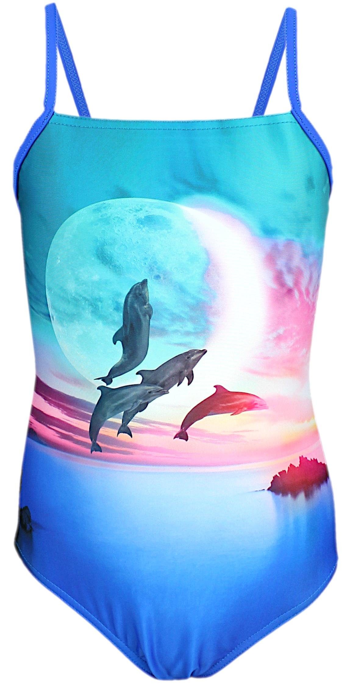 Aquarti Badeanzug Aquarti Mädchen Badeanzug Delfine Streifen / Mond Rosa Blau Spaghettiträgern mit