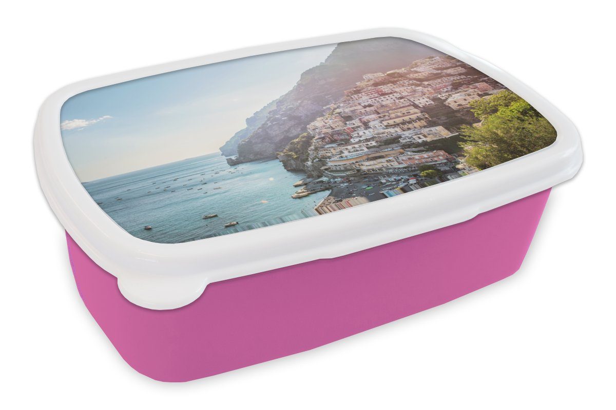 MuchoWow Lunchbox Italien - Felsen - Häuser, Kunststoff, (2-tlg), Brotbox für Erwachsene, Brotdose Kinder, Snackbox, Mädchen, Kunststoff rosa