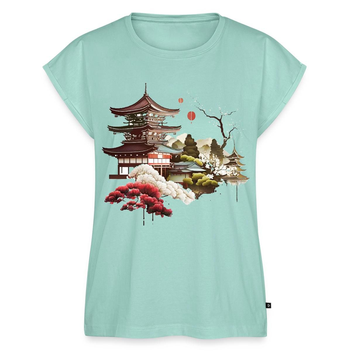 Spreadshirt T-Shirt Japanische Tempelromantik Mit Blütenzauber Damen Casual Relaxed T-Shir (1-tlg)