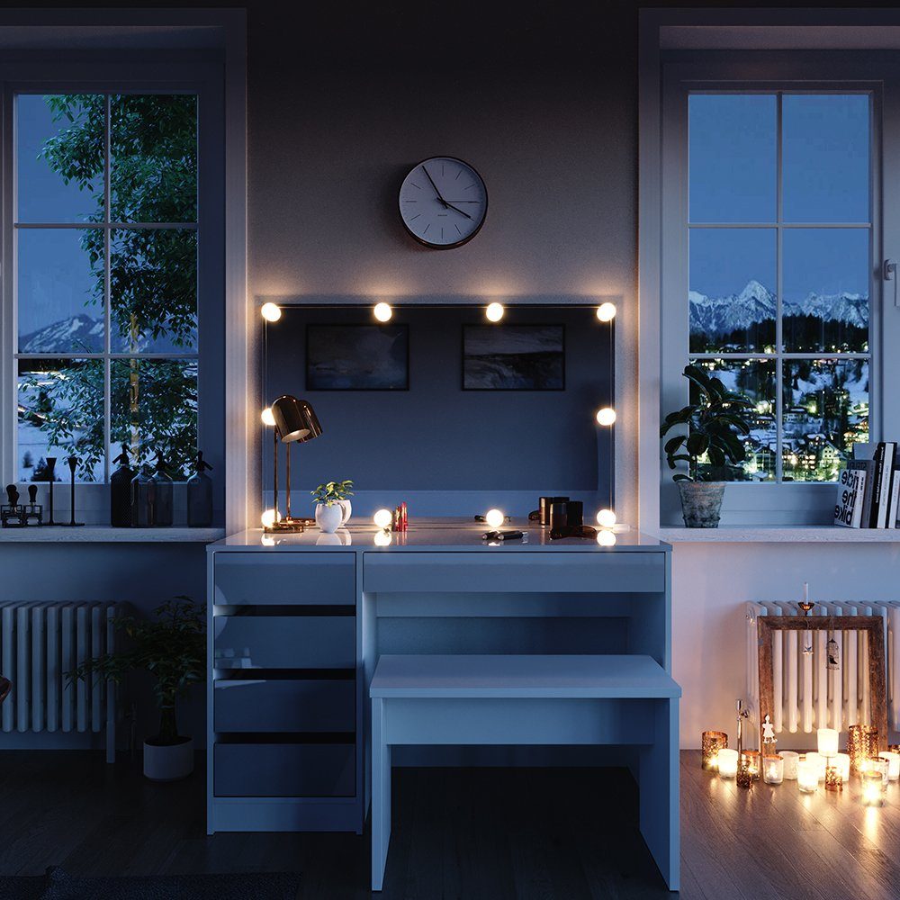 Schminktisch Sherry, Weiß, 120 cm mit LED Beleuchtung und Bank