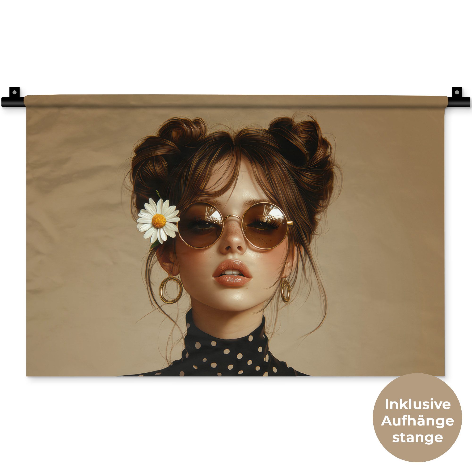 MuchoWow Wandteppich Frau - Beige - Blume - Modern - Porträt, Rechteckig, Höhe: 3 mm, Wandteppich für Wohnzimmer, Schlafzimmer, 60x40 cm