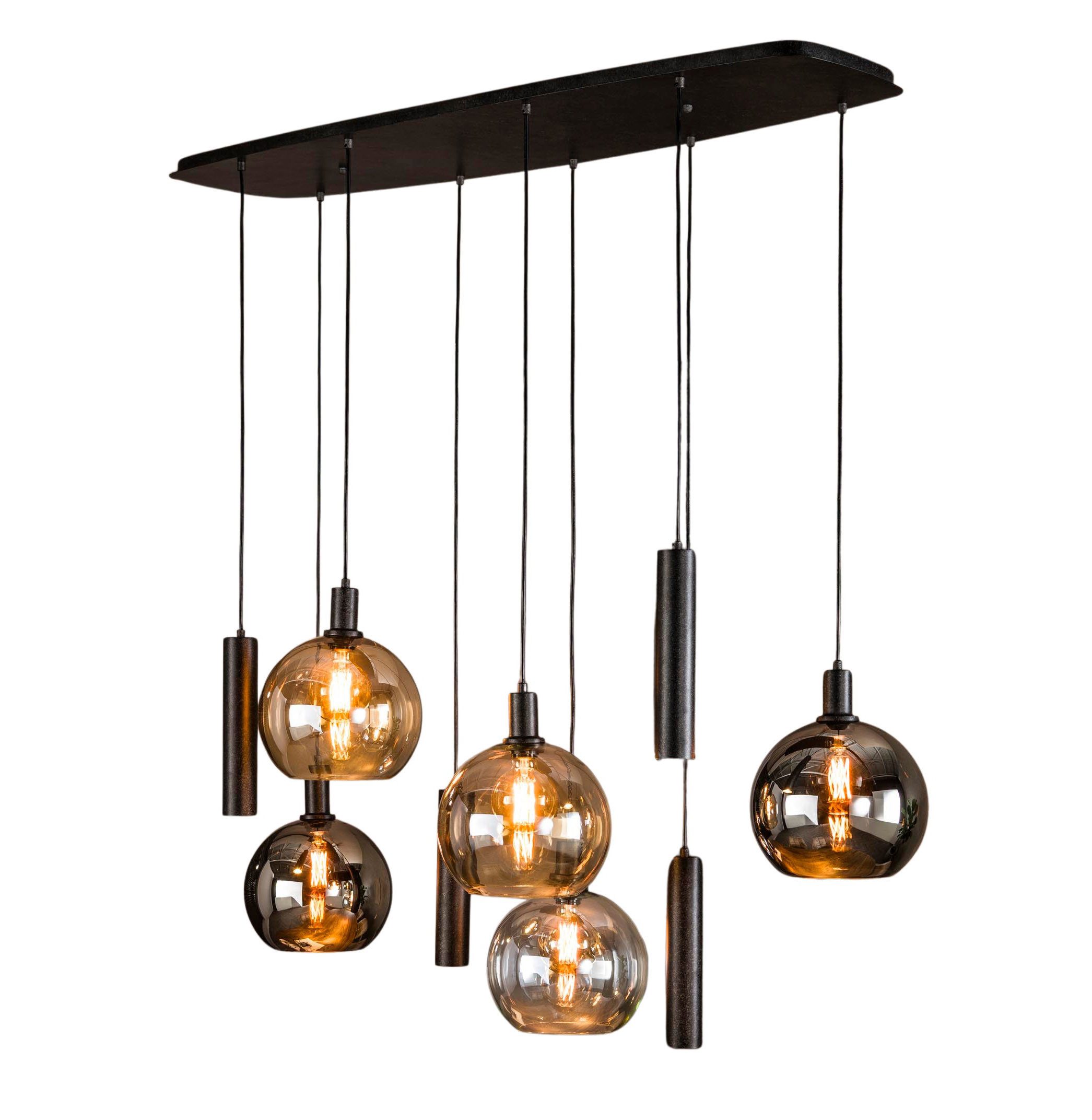 leven! Annekathrin Storkebaum Pendelleuchte Moderne Hängelampe schwarz 9-flammig Glas und Metall Esszimmerlampe, kugelförmigen Glasschirmen in Chrom, Bernstein und Transparent