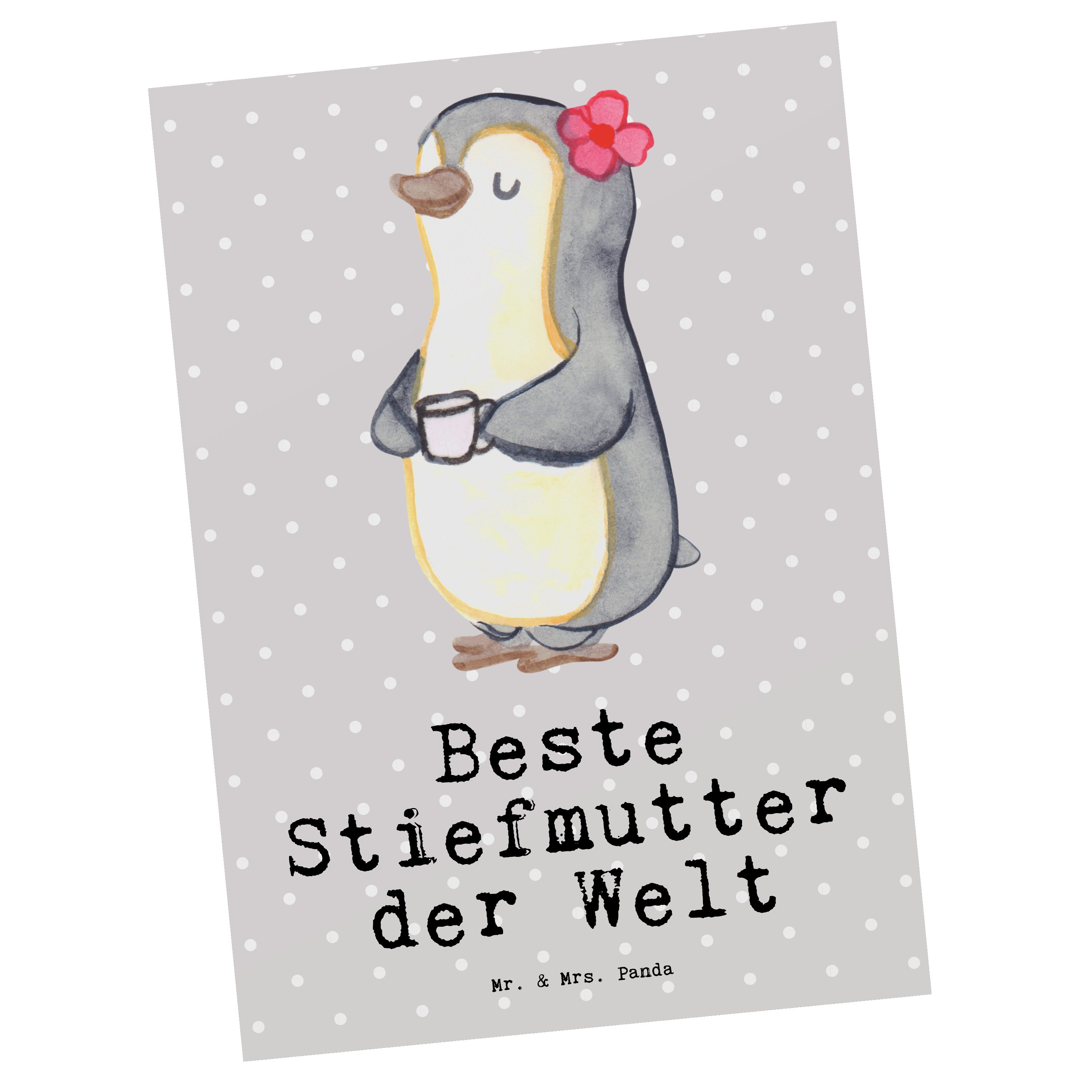 Mr. & Mrs. Panda Postkarte Pinguin Beste Stiefmutter der Welt - Grau Pastell - Geschenk, Danke