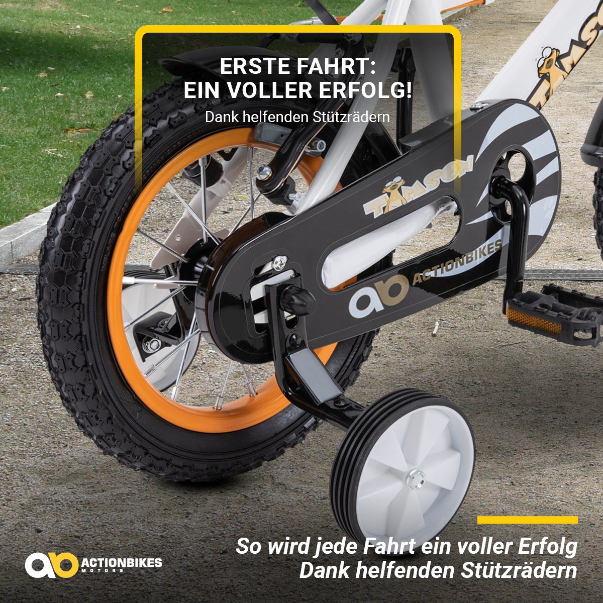Actionbikes Motors Kinderfahrrad Timson Kinder Fahrrad ab 3 Jahre, 1 Gang, ohne Schaltung, (V-Brake-Bremsen, Luftbereifung, Schutzbleche, weiß / orange / schwarz)