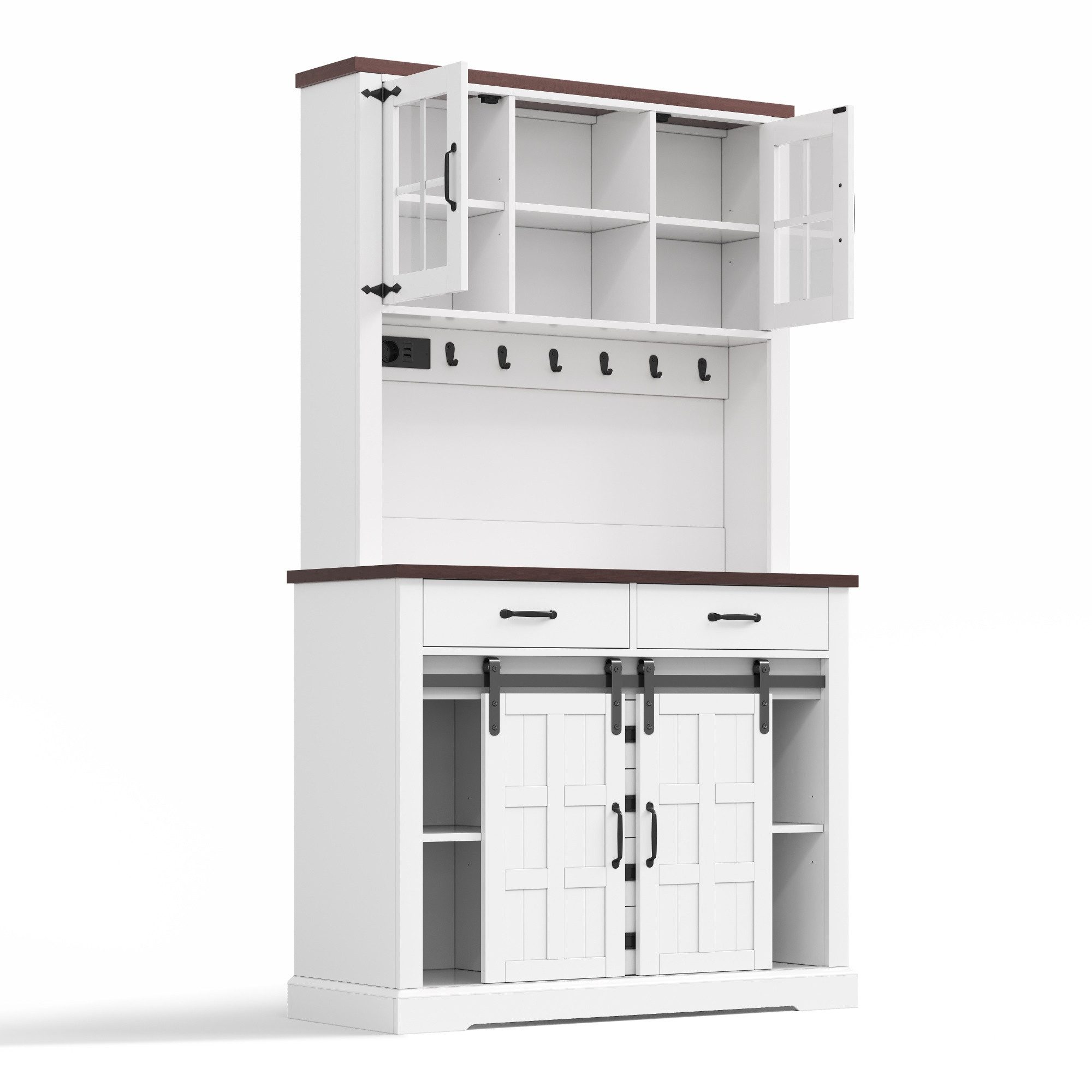 Celya Sideboard Küchenschrank, Buffetschrank mit Steckdose und LED-Beleuchtung (mit Arbeitsplatte, 6 Schubladen, verstellbare Einlegeböden und Haken), Ideal für Esszimmer, Wohnzimmer und Küche