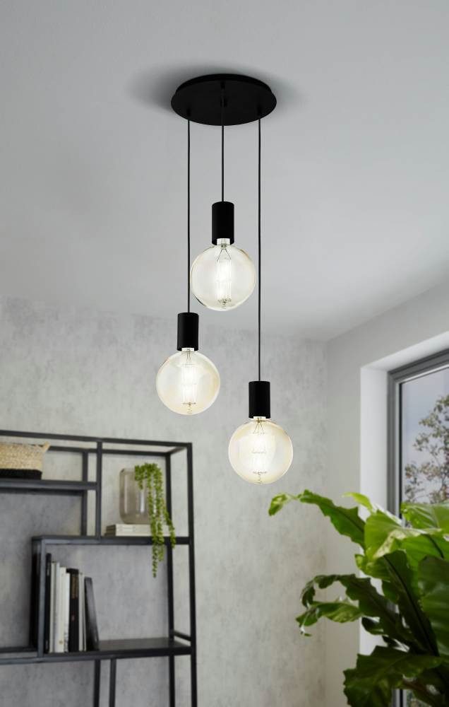 EGLO Hängeleuchte POZUETA Pendellampe, Stahl, E27, Esstischlampe, Hängelampe, Lampe, ohne Leuchtmittel, Hängeleuchte, H150 x Ø33 cm, schwarz, 3X40W exkl.