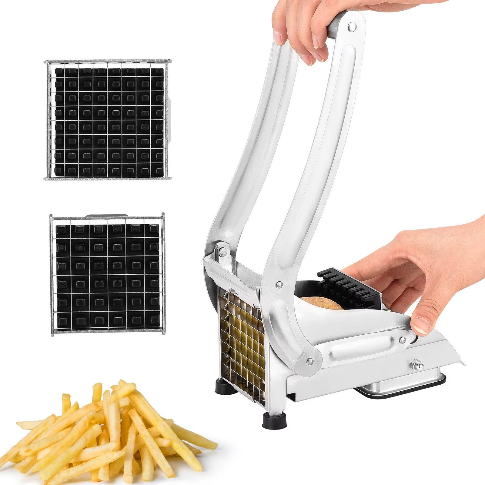 Fyrove Pommesschneider Pommesschneider Edelstahl Kartoffelschneider mit Schneideeinsätzen, Gemüseschneider Pommes Frites Schneider mit Rutschfester Saugbasis
