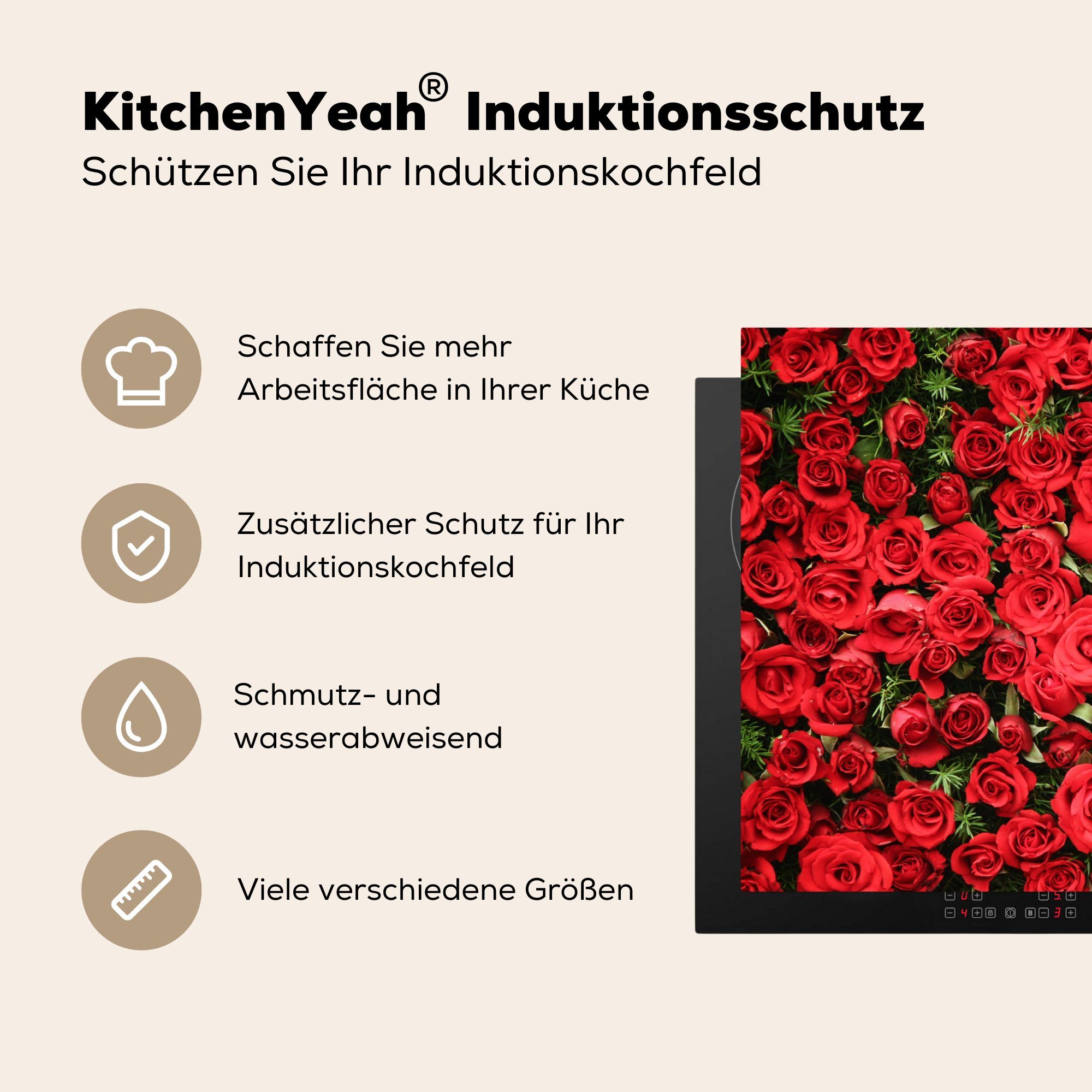 Vinyl, 81x52 küche, Herdblende-/Abdeckplatte MuchoWow Rot für Schutz die Rosen - Strauch, Ceranfeldabdeckung (1 tlg), cm, - Induktionskochfeld