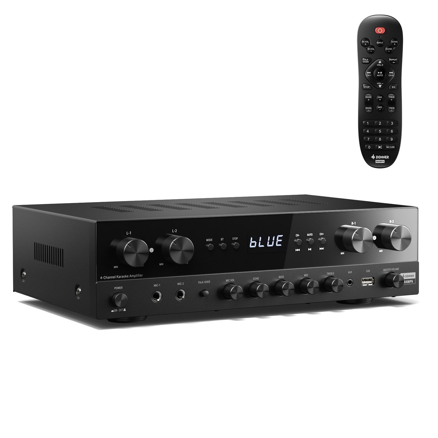 Donner Audioverstärker 2/4/6 Kanal Audio-Leistungsverstärker Stereoempfänger Verstärker (Anzahl Kanäle: 4, 440,00 W, 4 Kanäle, 2 Mikrofoneingänge, Bass, Höhen)