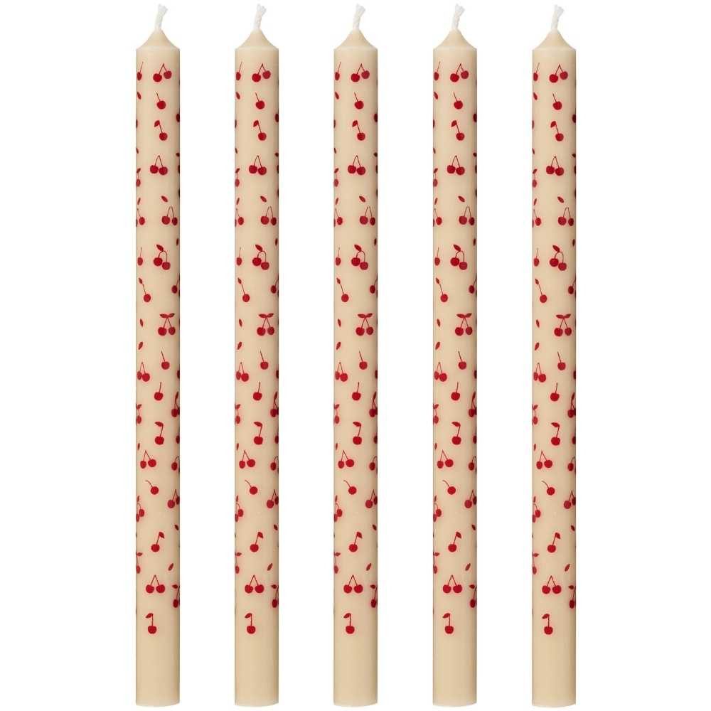 Ib Laursen Kerzenhalter IB Laursen DÜNNE Kerze mit Roten KIRSCHEN Ø 1,3 cm Länge 20 cm 5er Set