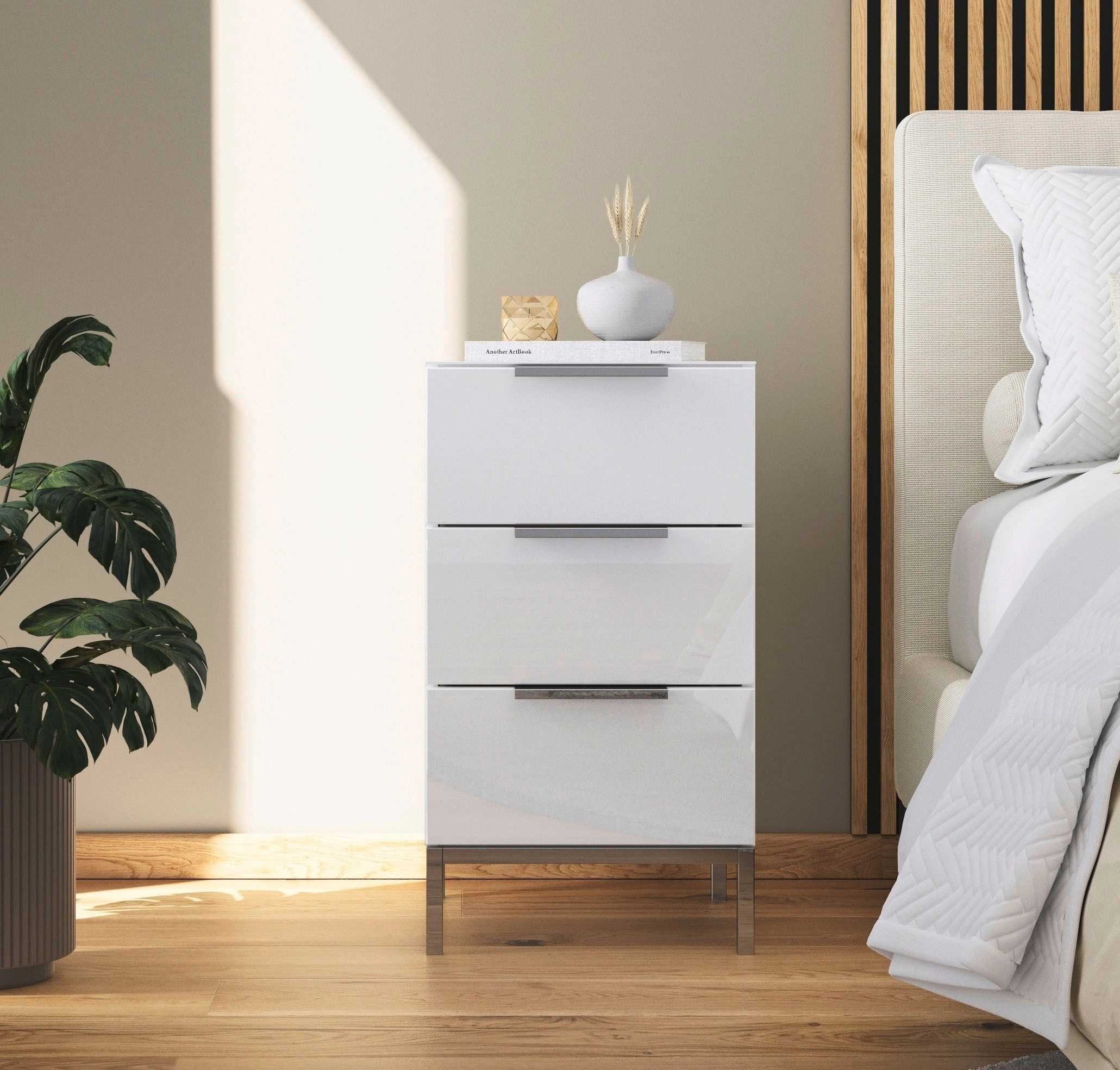 rauch Nachtkommode Nachttisch Nachtschrank Nachtkonsole FLIPP mit Glasfront (Breite 40 cm), mit 3 Schubladen und Soft-Close-Funktion, Oberboden und Front Glas
