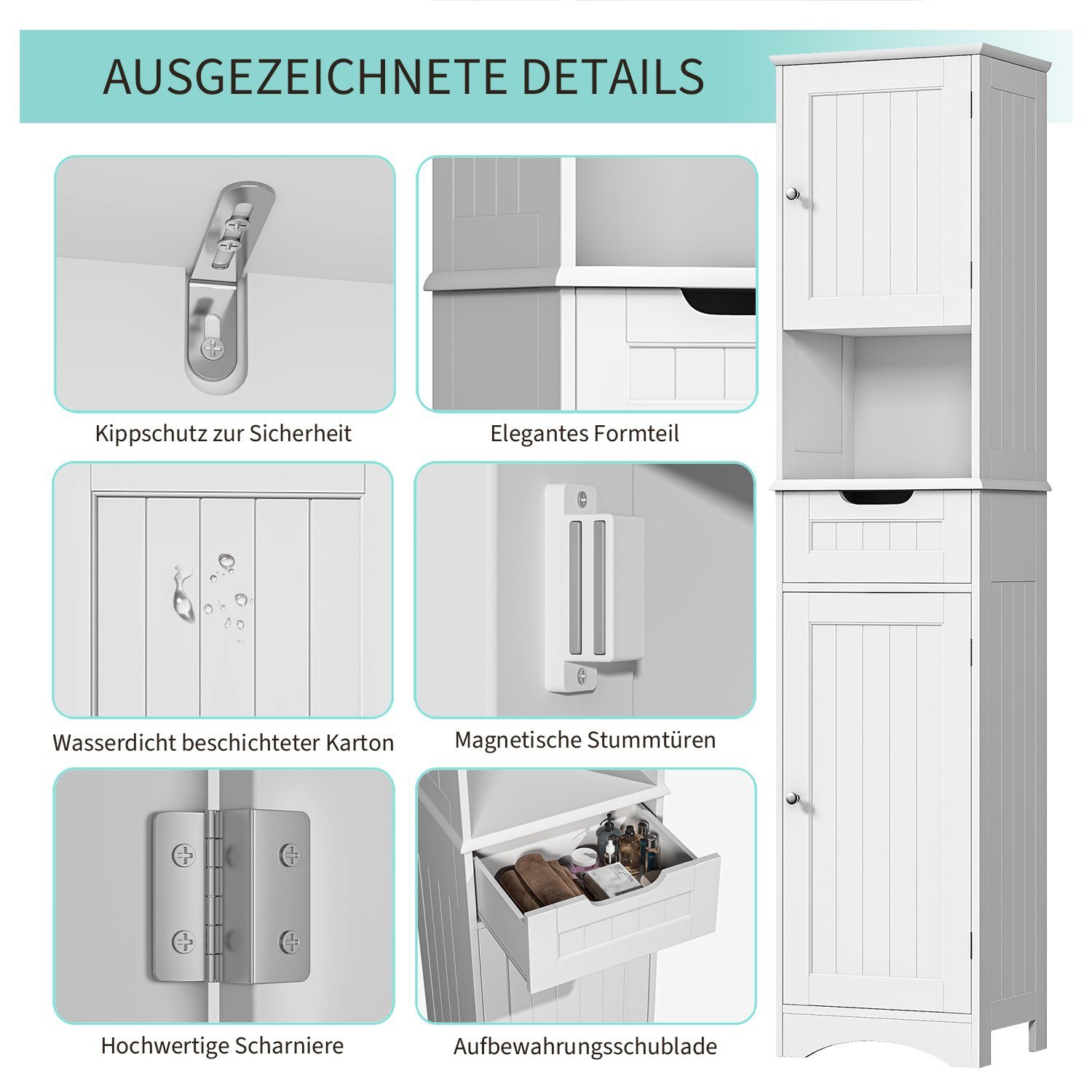 Badezimmerschrank, mit 2 Weiß Tür, Bealife 40x30x170cm Badezimmer, Schrank Hochschrank
