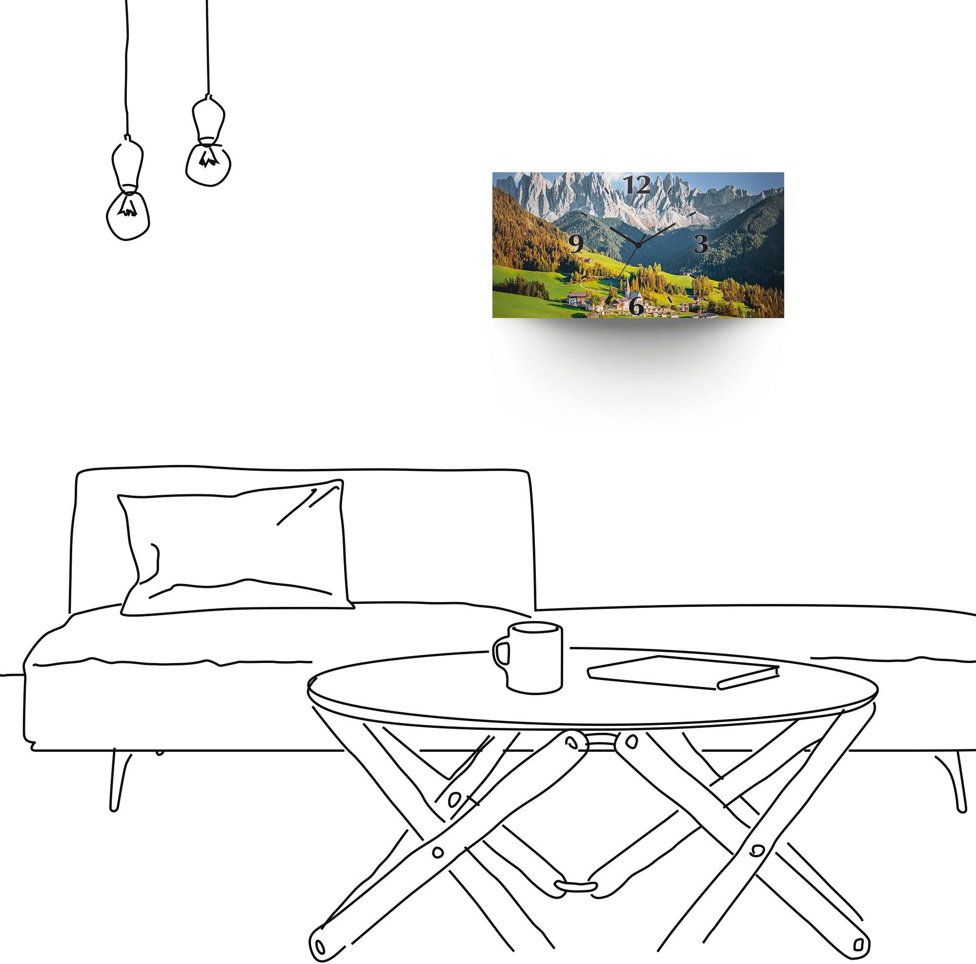 versch. Alpen gebogen, Berge Artland (3D Maddalena mit oder Wanduhr Optik Größen) Santa Funkuhrwerk, Quarz-