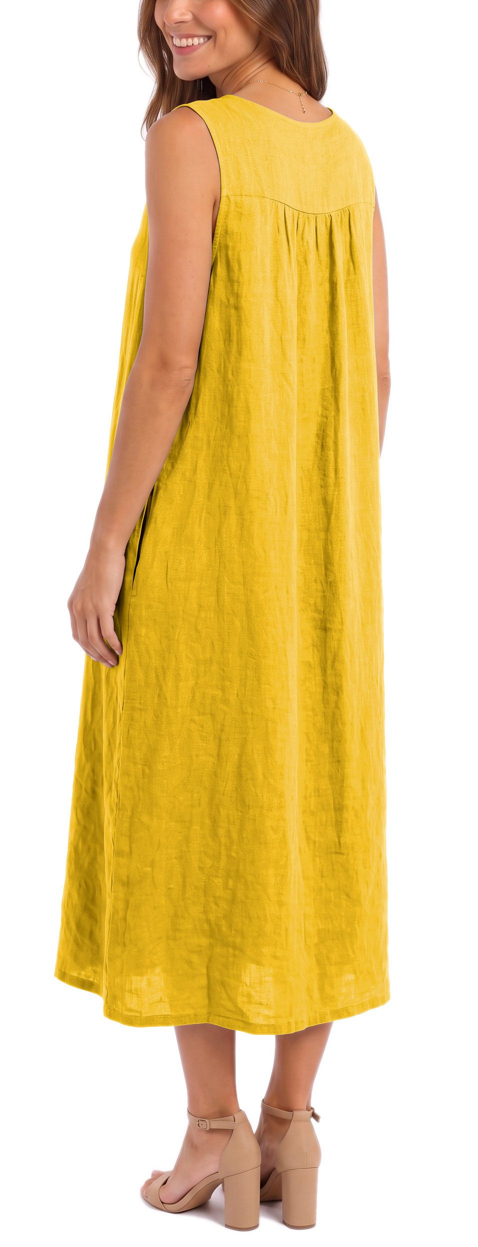 dy_mode Sommerkleid Damen Leinenkleid Luftiges Maxi Sommerkleid Strandkleid Damenkleid in Unifarbe, V-Ausschnitt, mit seitlichen Eingriffstaschen