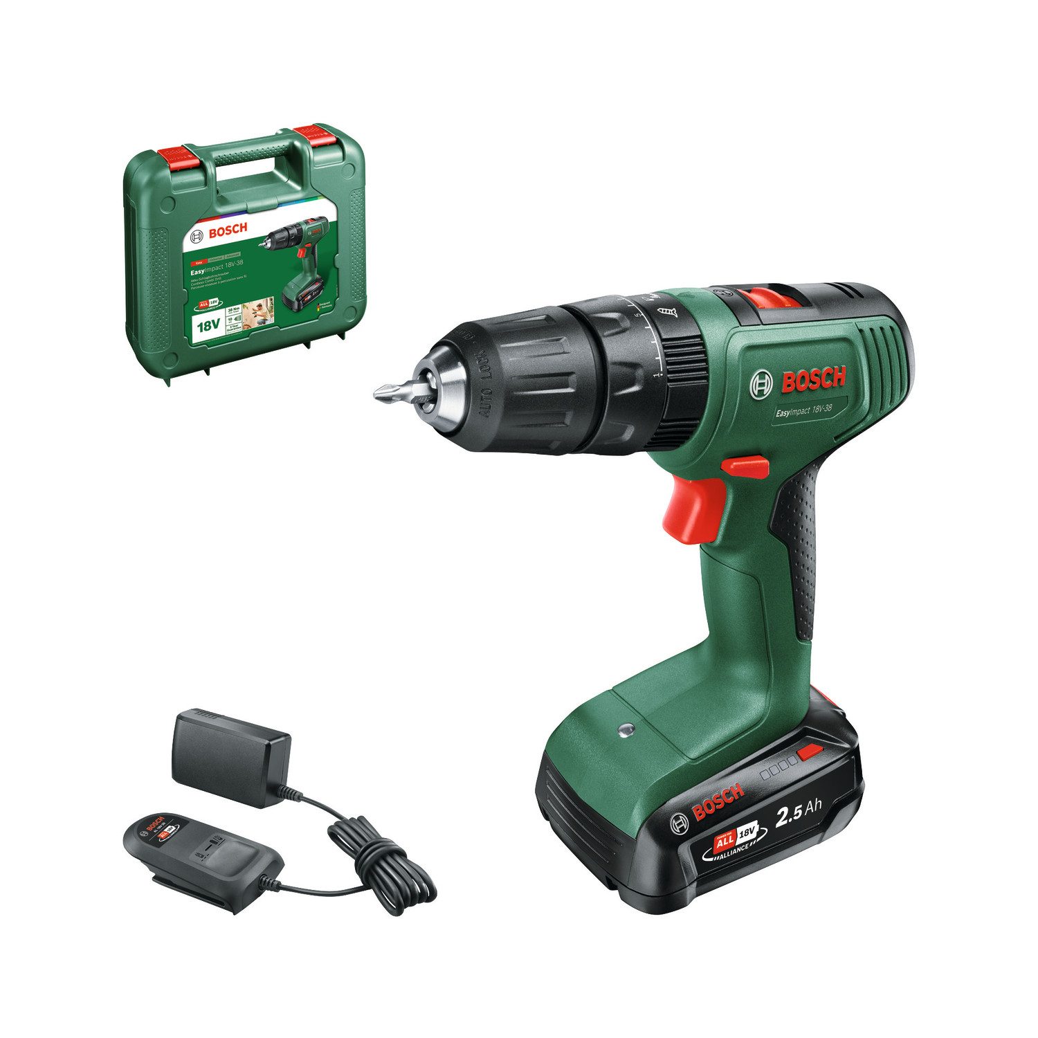 Bosch Home & Garden Akku-Bohrschrauber EasyDrill 18V-38, mit 1 x 2,5Ah Batterie & Ladegerät im Koffer, Kompaktester und leichtester seiner Art