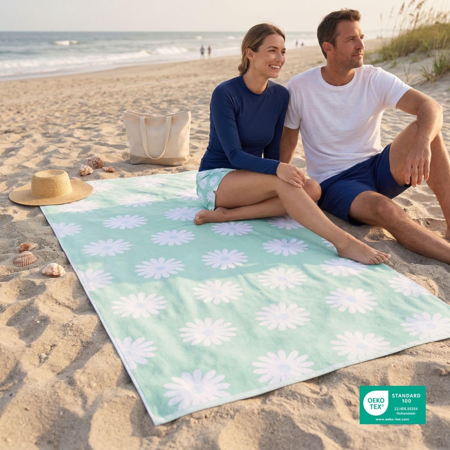 Delindo Lifestyle Strandtuch Nizza, großes Badelaken, Gänseblümchen-Muster, Baumwolle, 100x180 cm, Besonders saugfähig, weiche Oberfläche