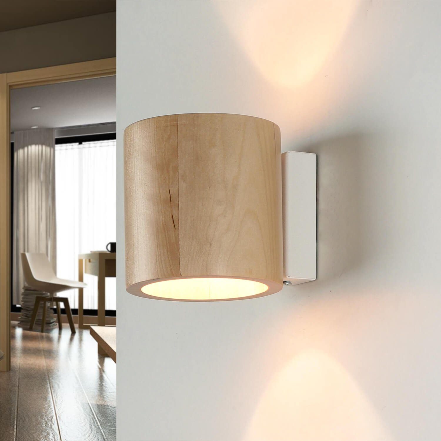 Licht-Erlebnisse Wandleuchte VALERYA, LED wechselbar, Warmweiß, Kleine Wandlampe  Holz Up Down wohnlich G9 Modern VALERYA Flur