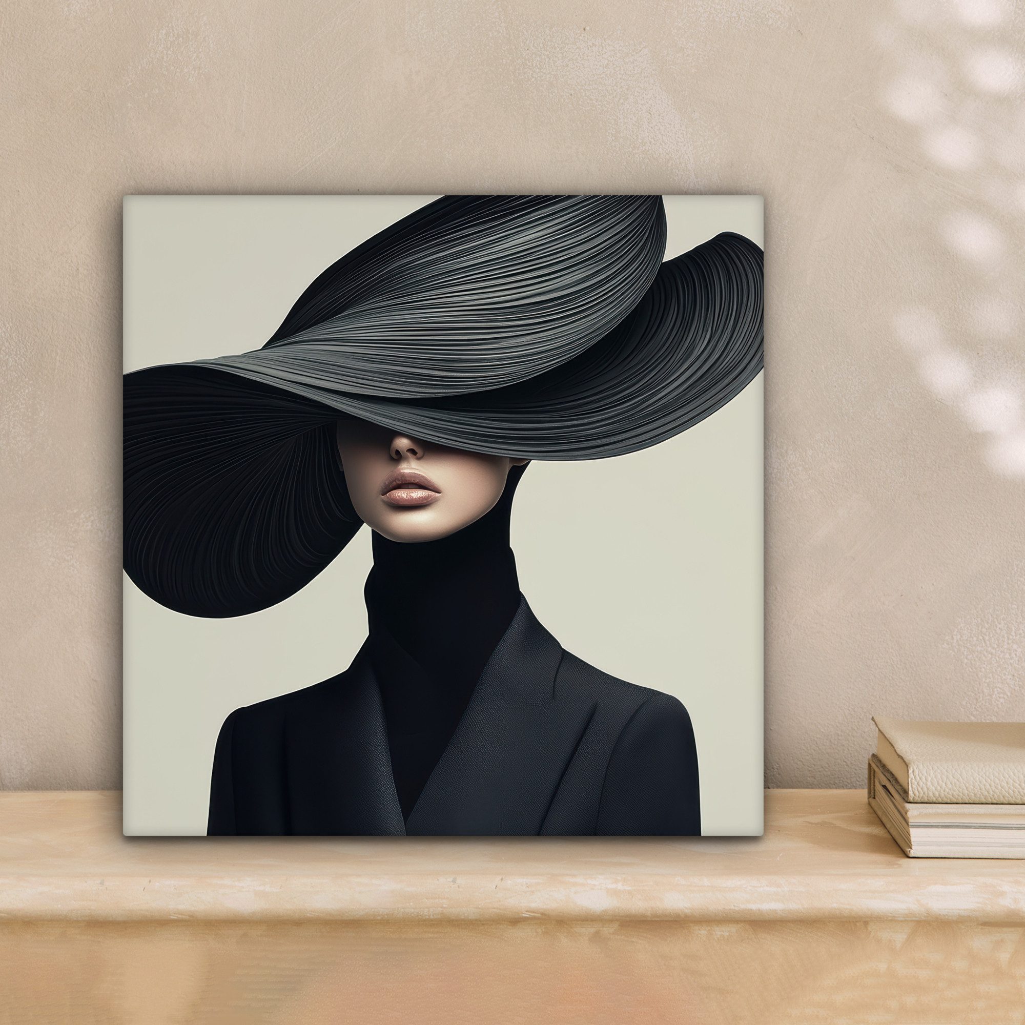 OneMillionCanvasses® Leinwandbild Schwarz - Frau - Hut, Fotodruck (1 St), Wandbild, Deko Schlafzimmer Wohnzimmer Flur 20x20 cm