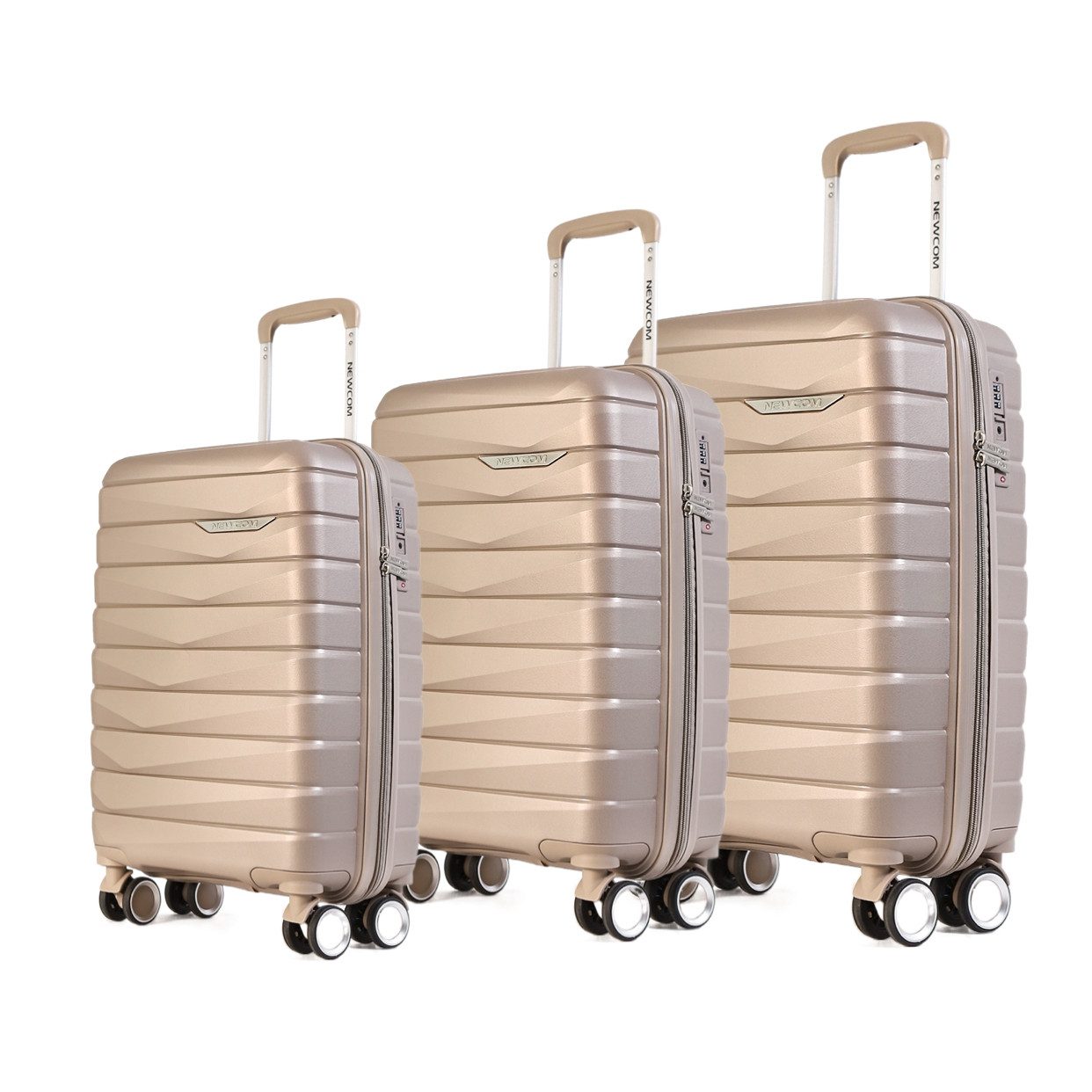 NEWCOM Hartschalen-Trolley Hartschalenkoffer / PP Reisekoffer / Ultra Leichter Rollkoffer, 4 Rollen, 3er-Set (20‘’/24‘’/28), Champagner, TSA-Zahlenschloss