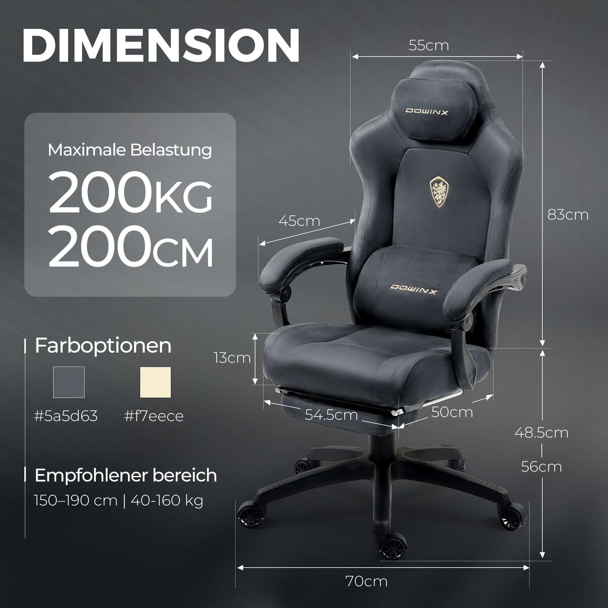 Dowinx Gaming-Stuhl Atmungsaktiver und Ergonomischer Bürostuhl aus Mikrofaser-Velours (Packung), Weiches Sitzgefühl, Verstellbarer Schreibtischstuhl mit Fußstüt – Bild 4 von 5