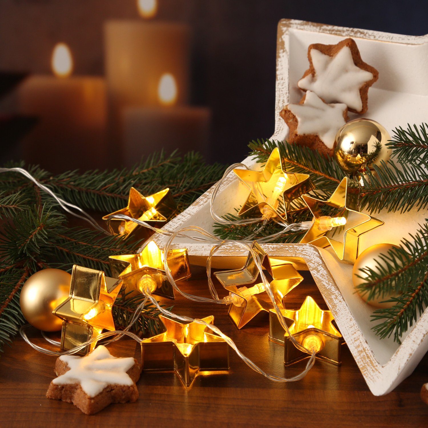 MARELIDA LED-Lichterkette goldene Metall Sterne als Backförmchen Keksausstecher Weihnachten, 8-flammig