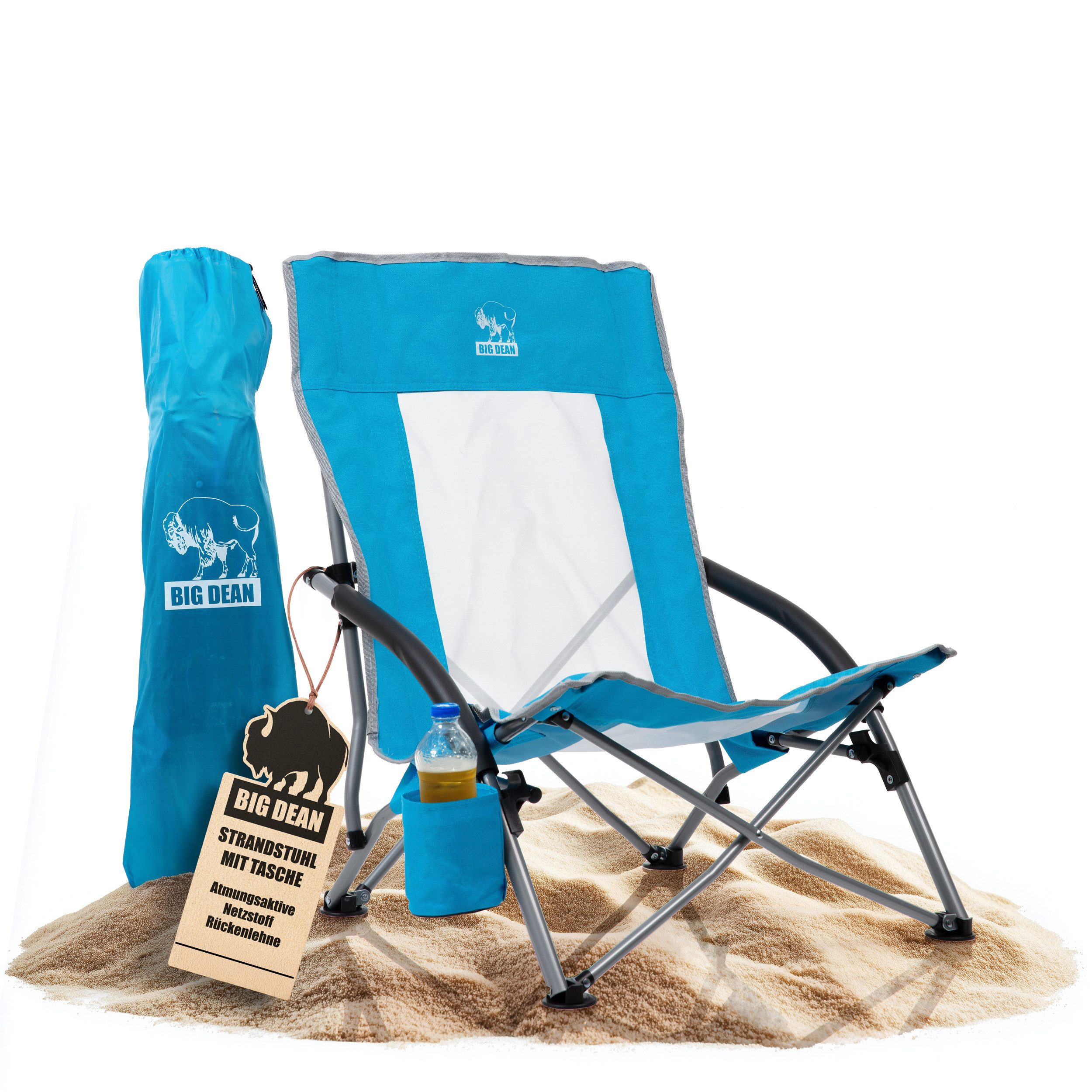 BigDean Faltstuhl Strandstuhl klappbar leicht stabil mit Getränkehalter (Packung, 1 St), UV-Beständig, Tragetasche, Extrabreite Standfüße