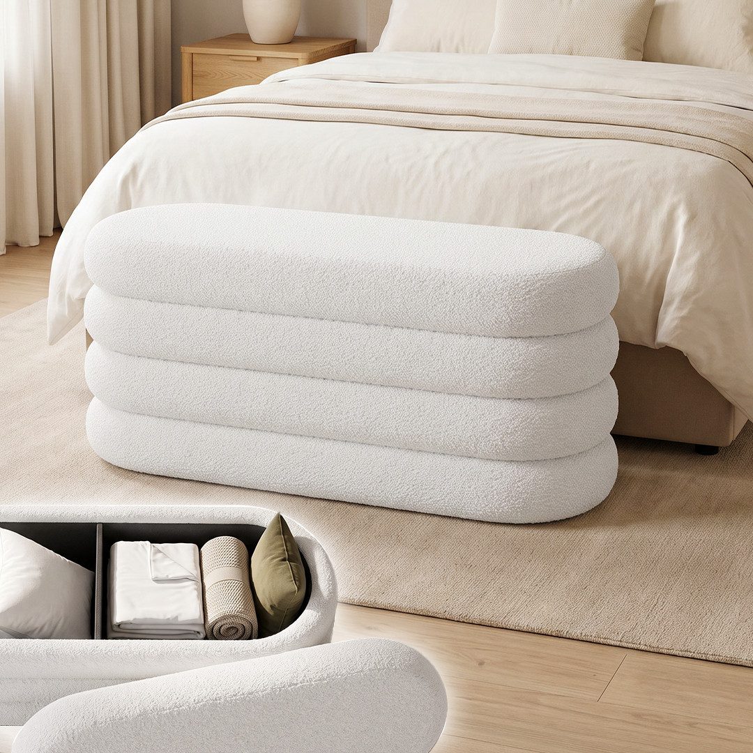 skølm Hocker Selene mit Stauraum, Sitzhocker & Polsterbank, Teddy Bouclé Stoff (creme-weiß, 110 × 45 × 42 cm), Aufbewahrungsbank mit Deckel, Sitztruhe für Schminktisch