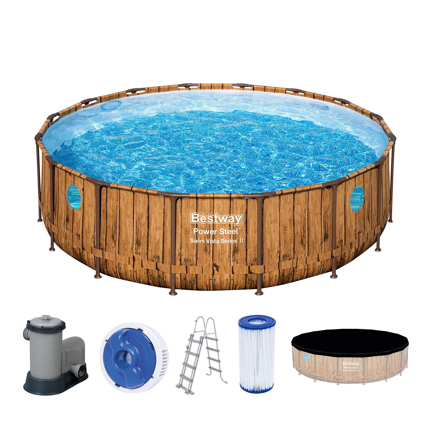 Bestway Framepool Power Steel™ Swim Vista Series™ (Set, mit Filterpumpe, Abdeckplane & Sicherheitsleiter)