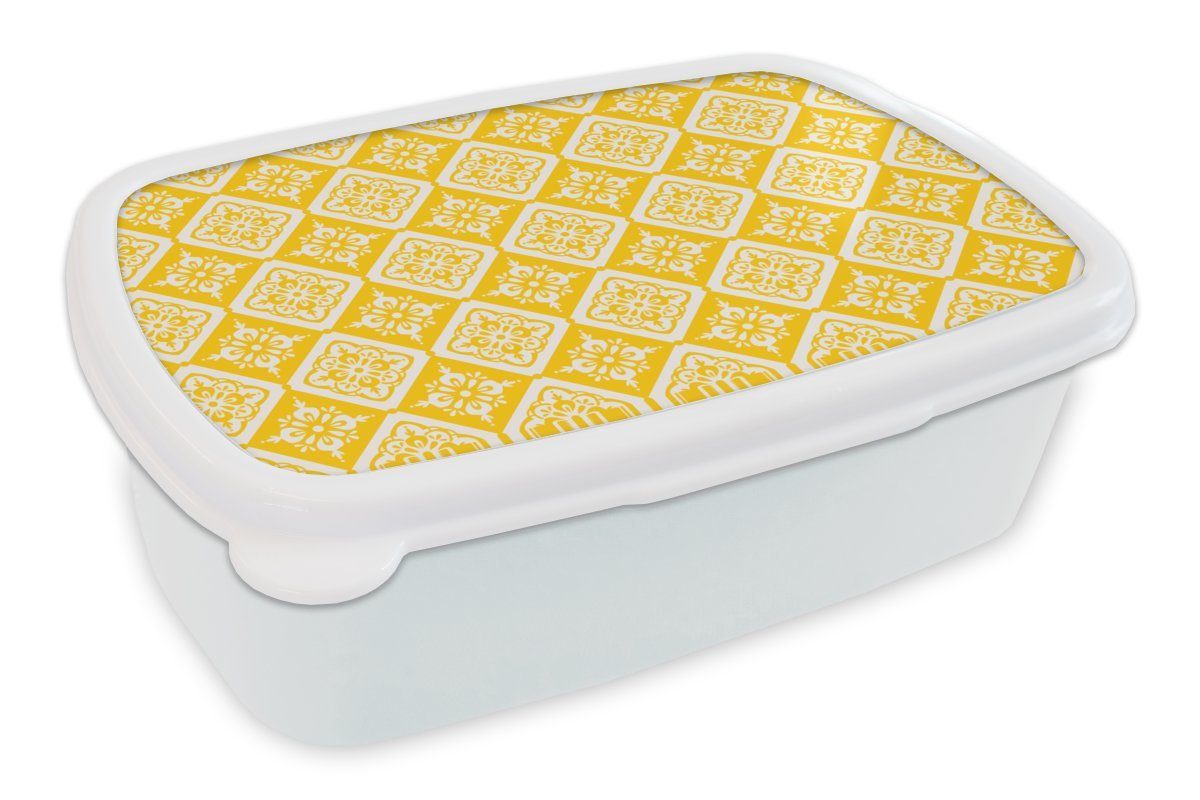 MuchoWow Lunchbox Mosaik - Vintage - Gelb - Muster, Kunststoff, (2-tlg), Brotbox für Kinder und Erwachsene, Brotdose, für Jungs und Mädchen weiß