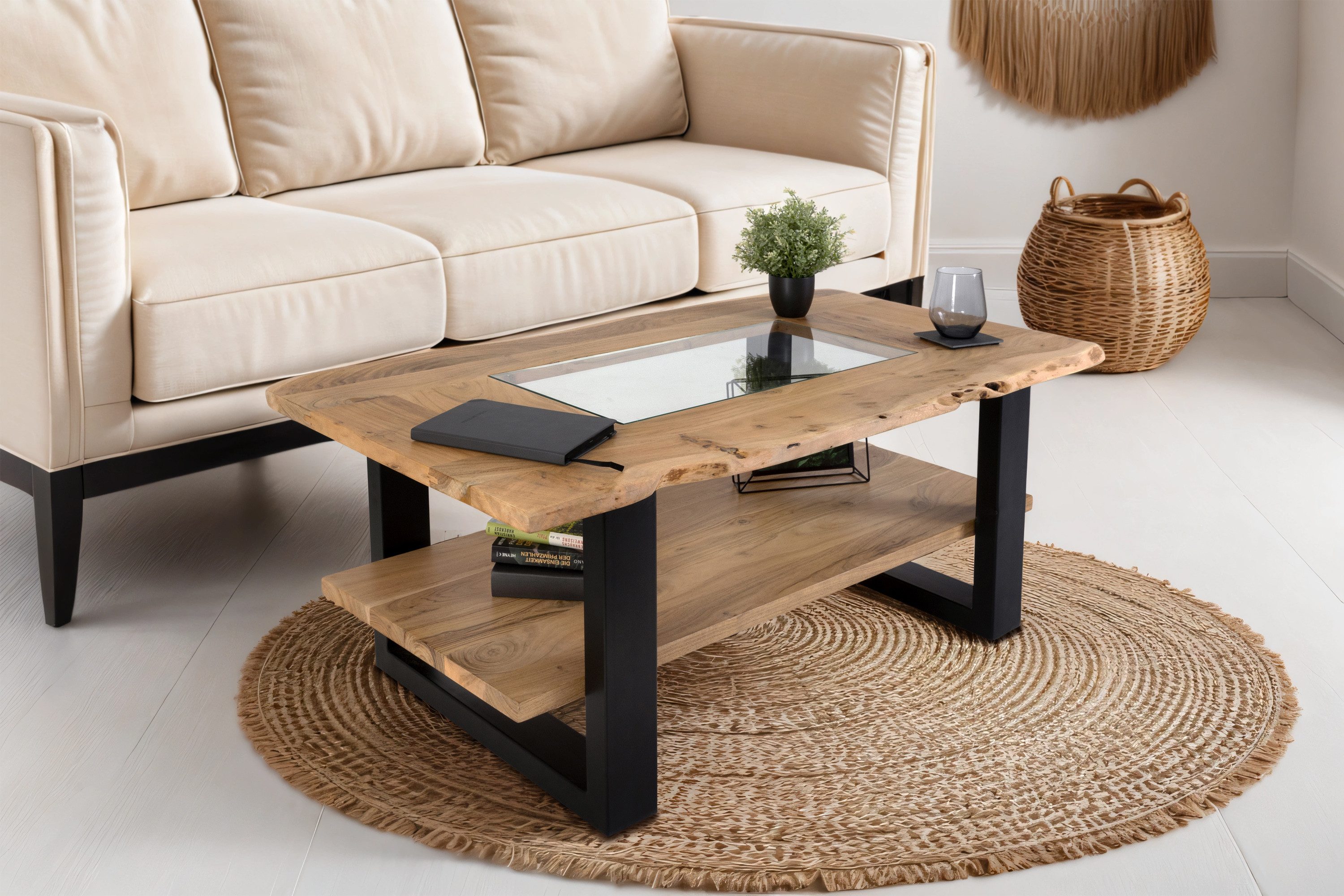 Loreno® Couchtisch Patrick, Akazienholz, mit Glaseinsatz, günstig online kaufen