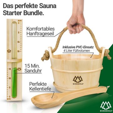 NORDHOLZ Sauna-Aufgussset Sauna Kübel mit Kelle (Saunaeimer Set, 5-tlg., Sauna Eimer, Sauna Kelle, Sauna Sanduhr, Sauna Doppelt Hygrometer Holz) Sauna Zubehör