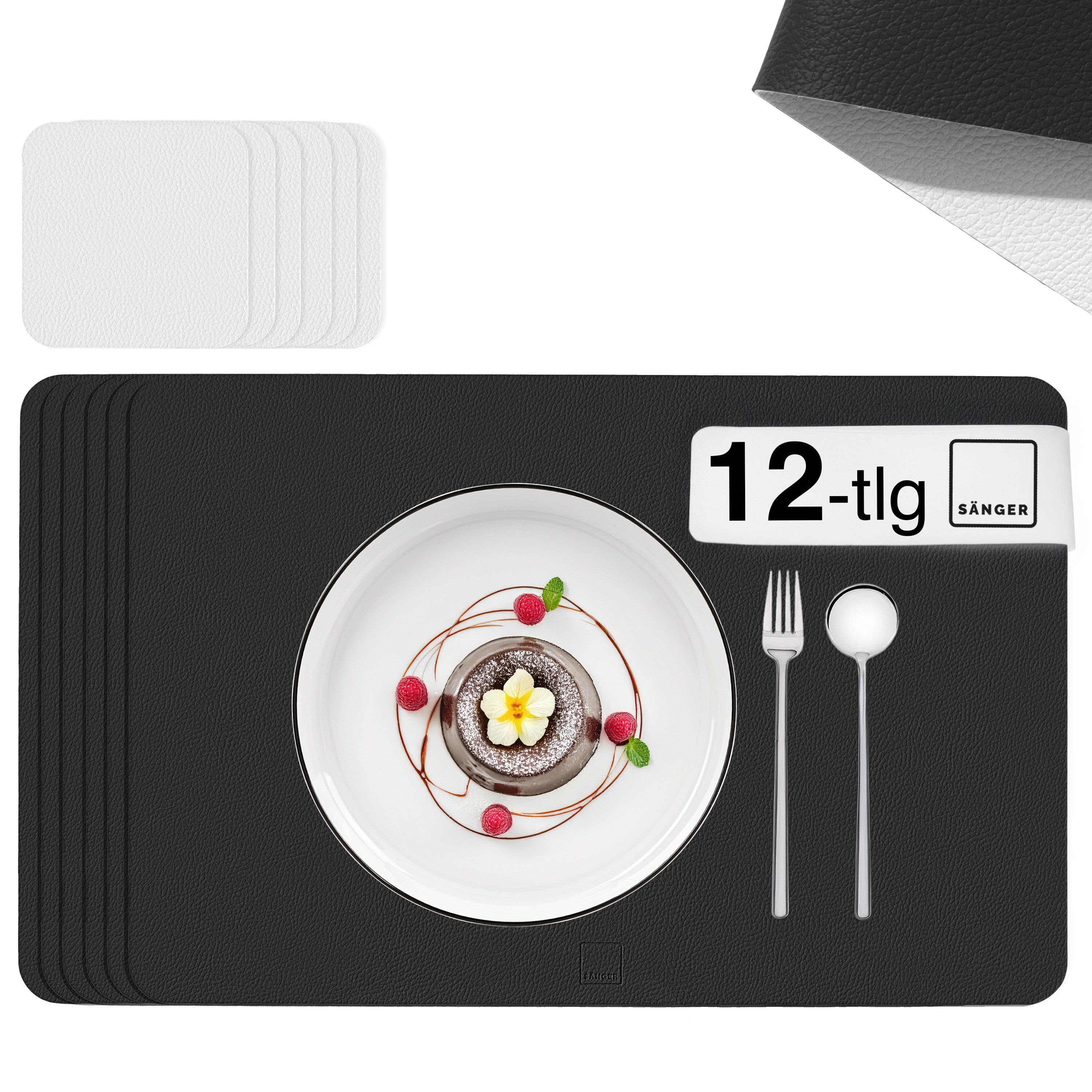 SÄNGER Platzset aus Kunstleder, (Set, 12-St., aus Platzdeckchen und Untersetzern, rechteckig), Schwarz + Weiß, 44,5x30cm, wendbare, abwischbare Tischsets
