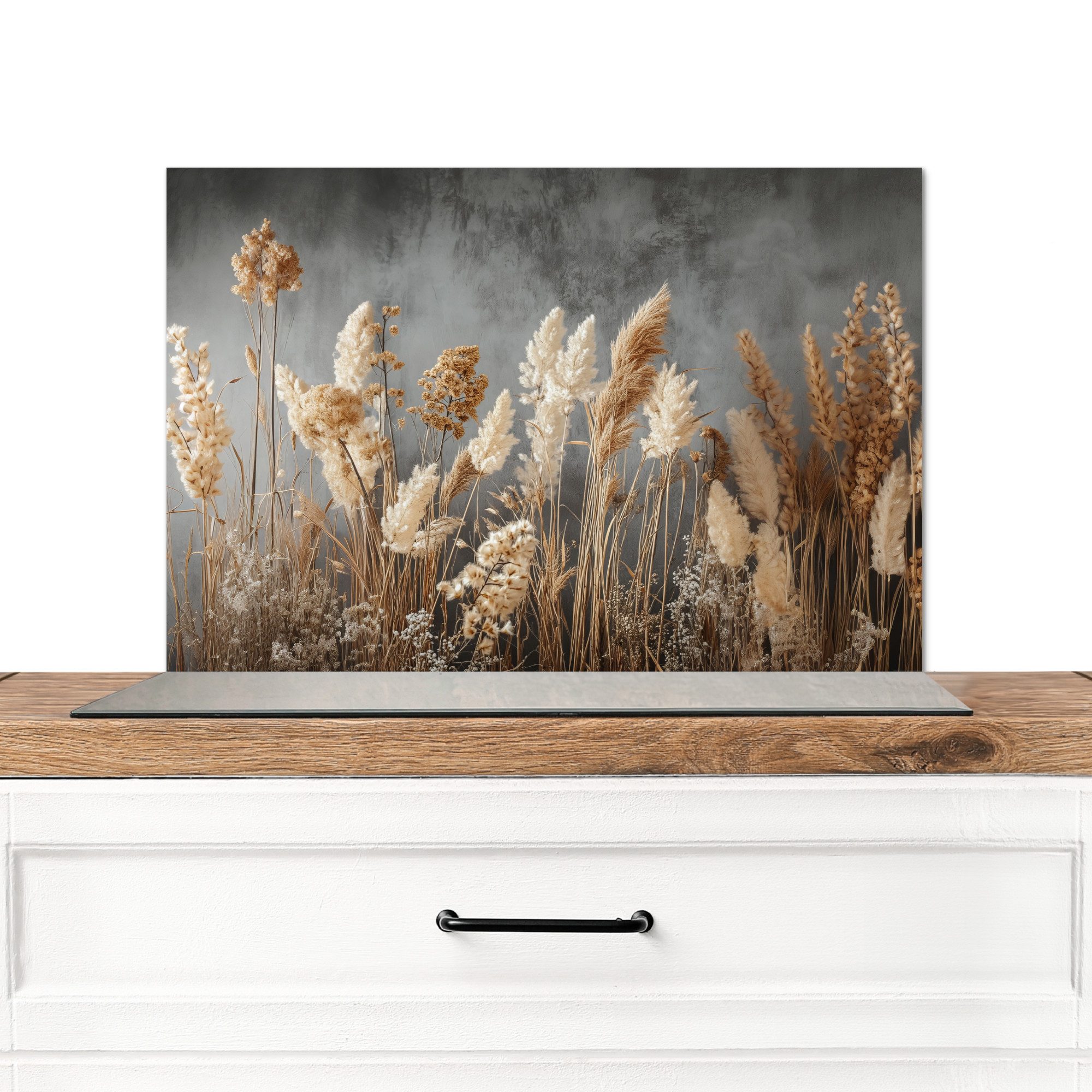 MuchoWow Küchenrückwand Getrocknete Feldblumen - Grau - Beton, (1-tlg), Spr günstig online kaufen