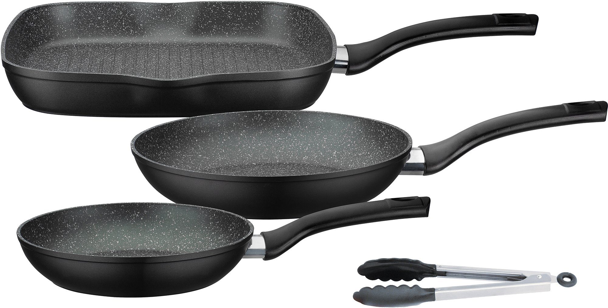 GSW Topf-Set Gourmet Granit, Aluminiumguss (Set, 7-tlg., 3 Pfannen, 1 Bräter, 1 Multi-Wok, 1 Kochzange, 1 Pfannenwender), Induktion