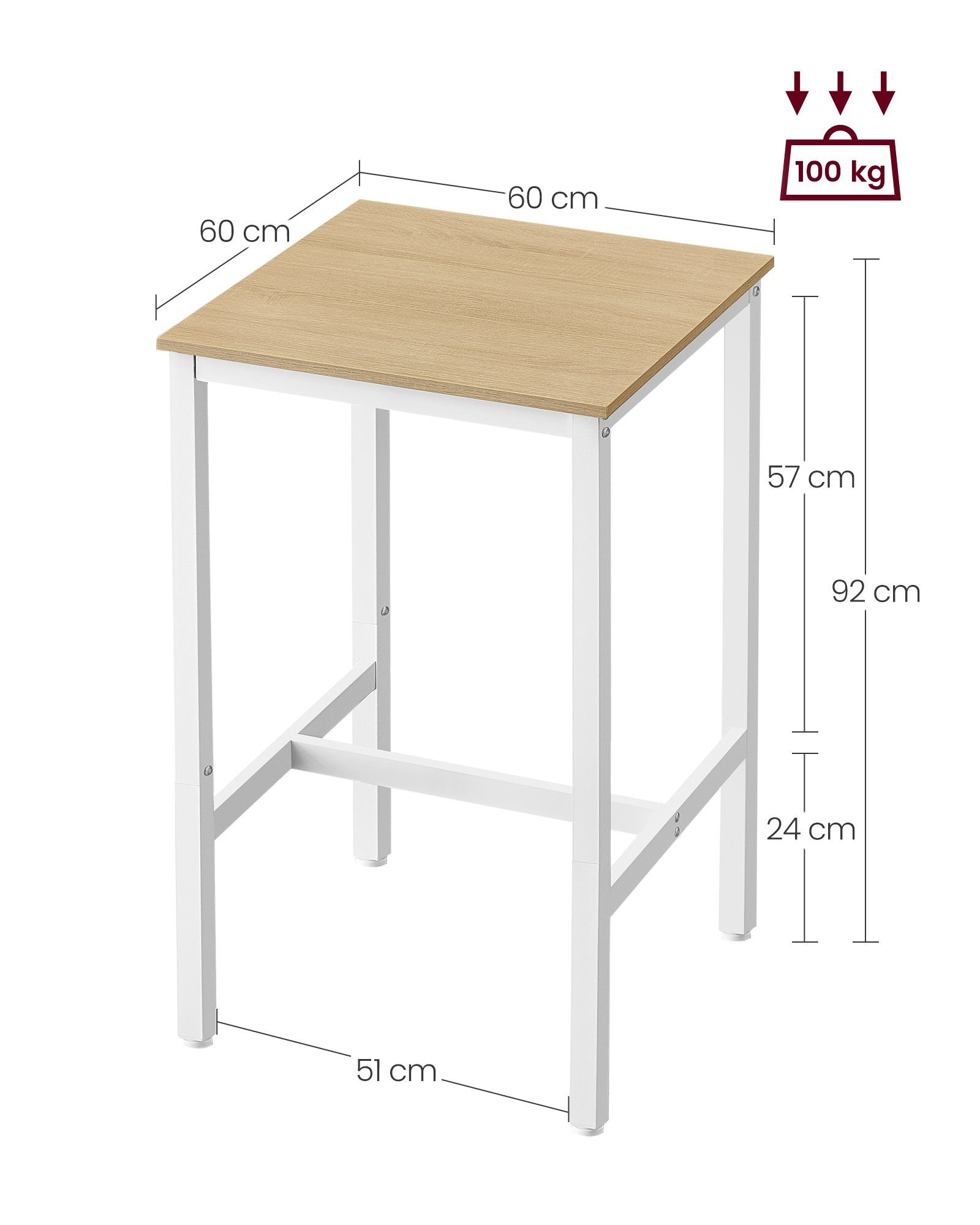 Eichenbeige-Weiß x 60 Küchentisch, Bartisch Stehtisch, 92 VASAGLE 60 x cm