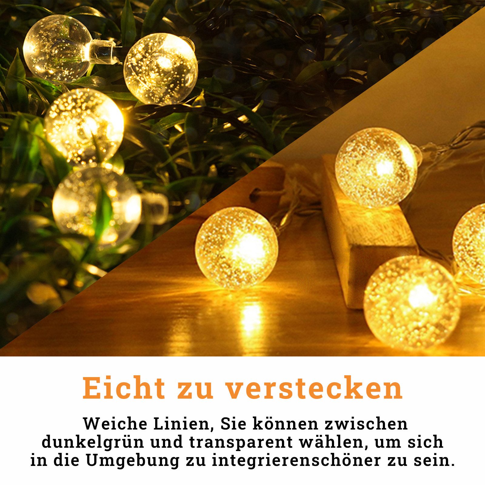 FIVMEN LED-Lichterkette Kugel Warmweiß Kristall Kugeln Lichterkette, 8 Modi Lichterkette für Garten, Terrasse, Party, Balkon Deko – Bild 5 von 5