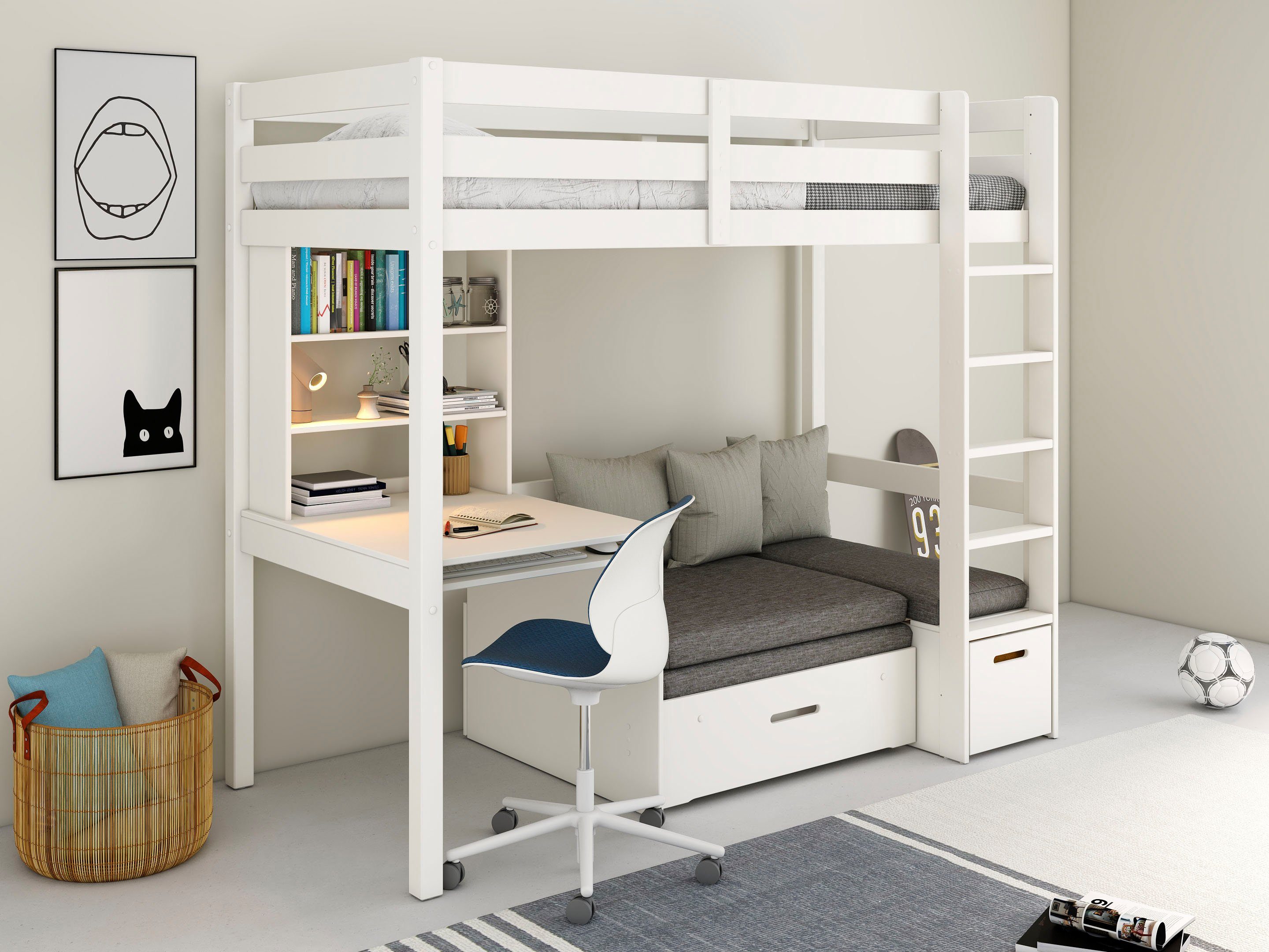 Lüttenhütt Etagenbett HENNE' TOPSELLER! Hochbett, Ideal für kleine Räume, 2 Schlafplätze (zweiter Schlafplatz ausziehbar, B/H/T ca. 208/180/105cm), mit Polsterauflagen+ Schreibtisch + Stauraum, mehrere Farben