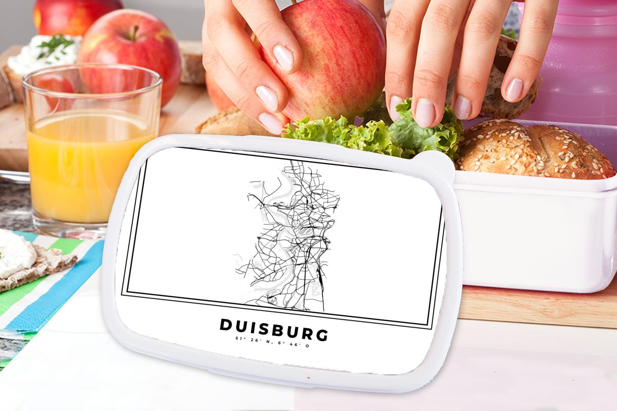MuchoWow Lunchbox Schwarz und Stadtplan Brotbox Duisburg, weiß - - Karte Erwachsene, - und Kinder Deutschland für und Mädchen (2-tlg), Kunststoff, - für Brotdose, Jungs