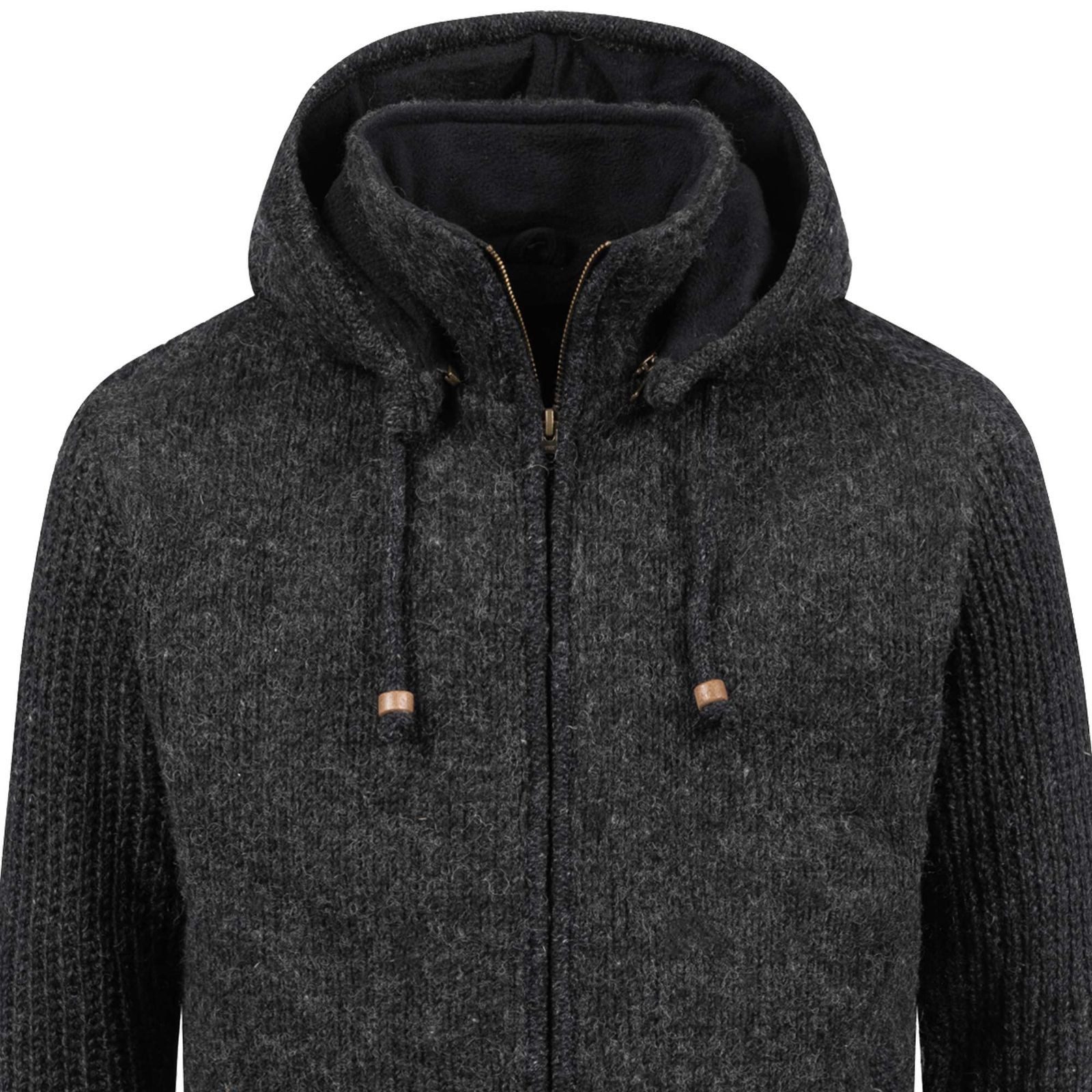 KUNST UND MAGIE Strickjacke Strickjacke Schurwolle Klassich Nordisch Wolle +Kapuze Kragen Schwarz
