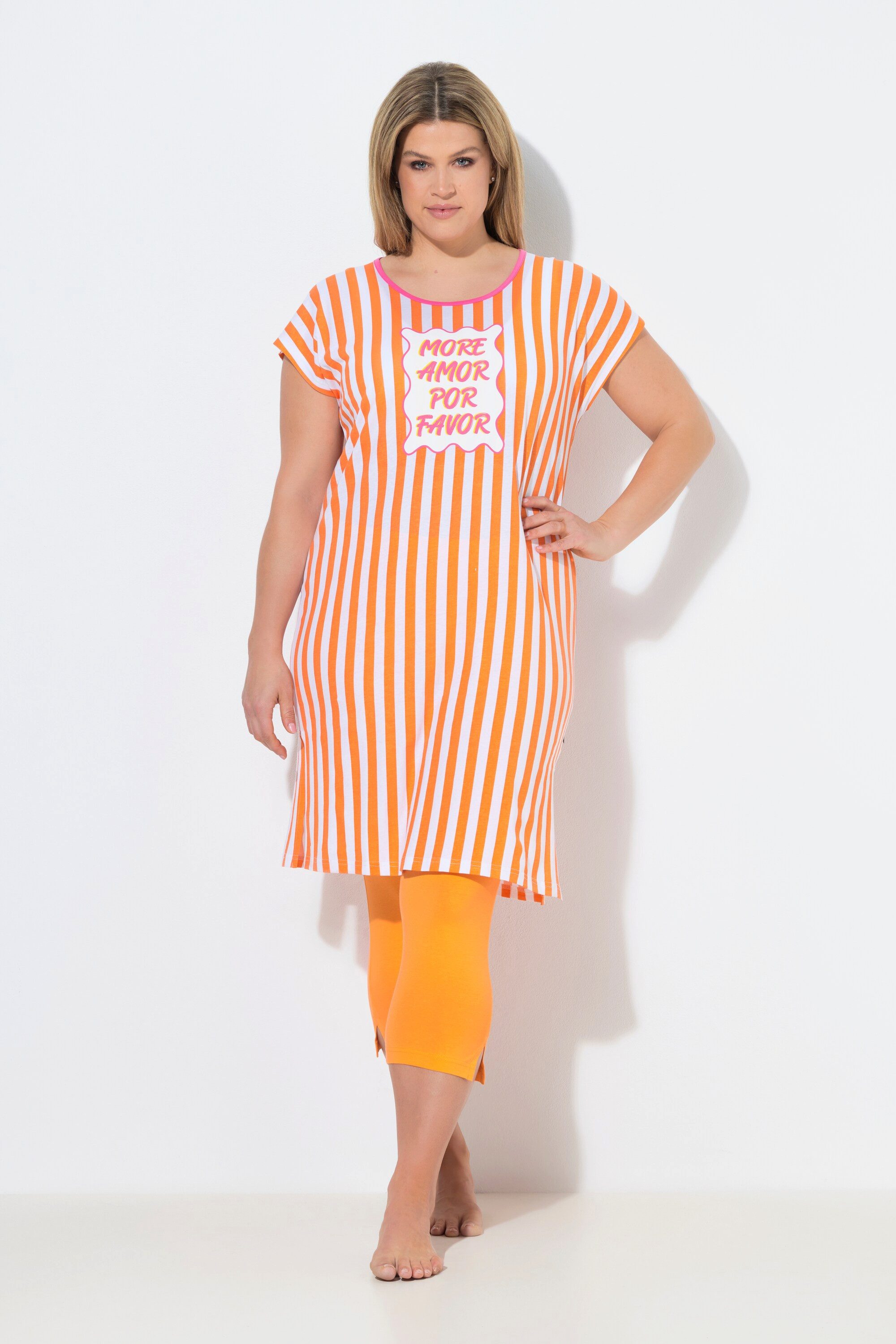 Ulla Popken Longshirt Bigshirt Streifen Schriftzug Rundhals Cap-Ärmel