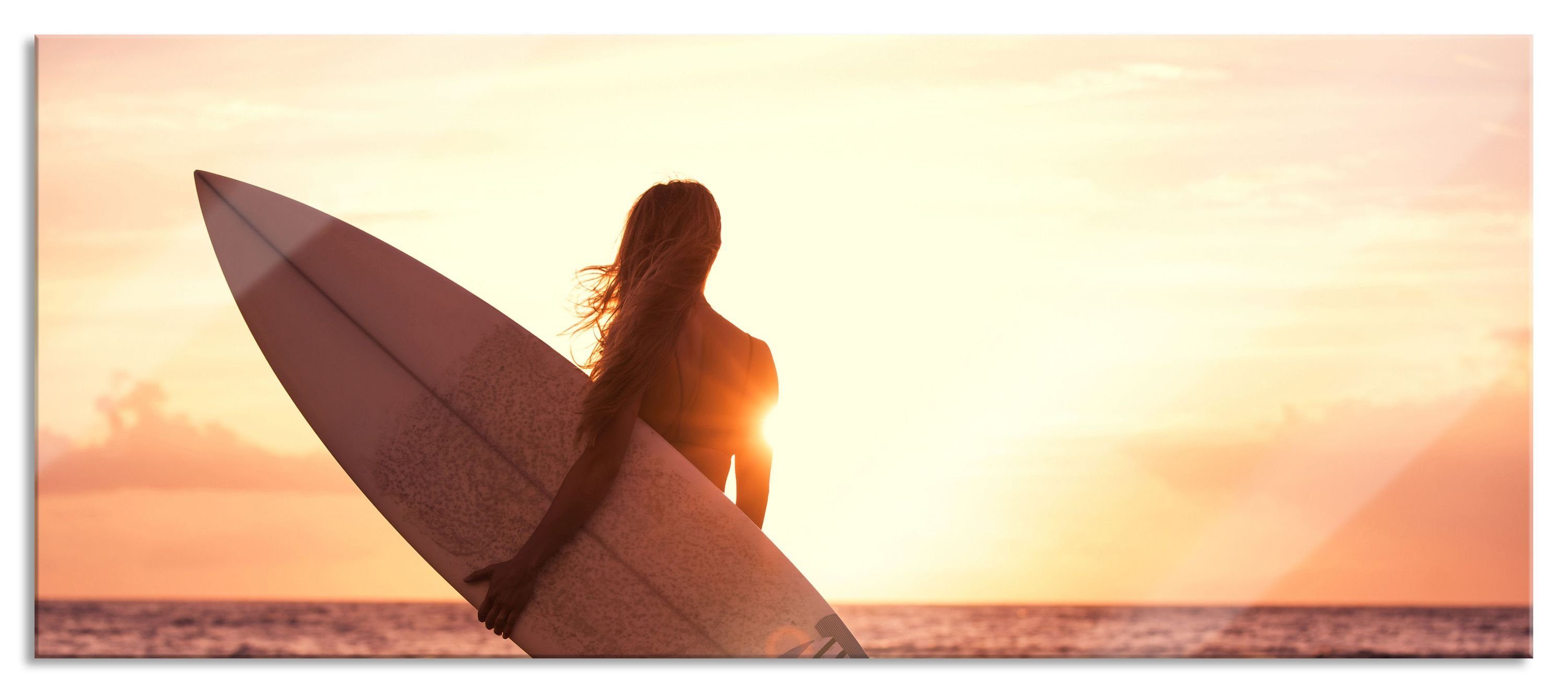 Pixxprint Glasbild Surferin vor Sonnenuntergang, Surferin vor Sonnenuntergang (1 St), Glasbild aus Echtglas, inkl. Aufhängungen und Abstandshalter