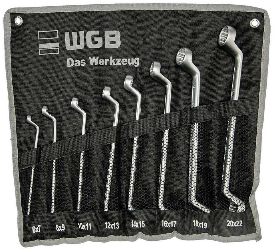WGB BASIC PLUS Ringschlüssel Doppelringschlüssel-Satz (Set, 8 St),  gekröpft, Chrom-Vanadium Stahl, verchromt, in Rolltasche