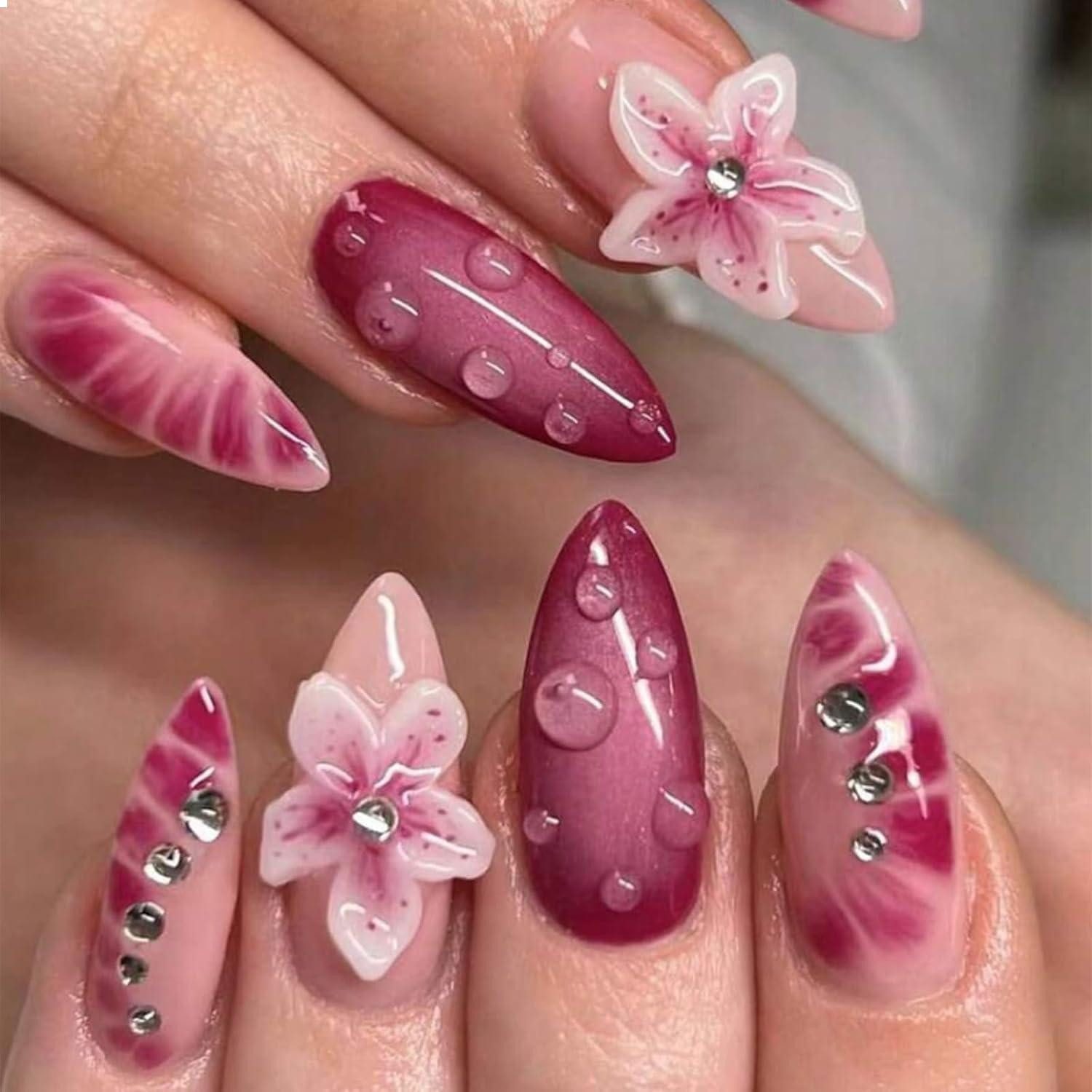 Kunstfingernägel 24 Stück Mittel Mandel Press on Nails 3D Blume Rhinestone Akrylnägel